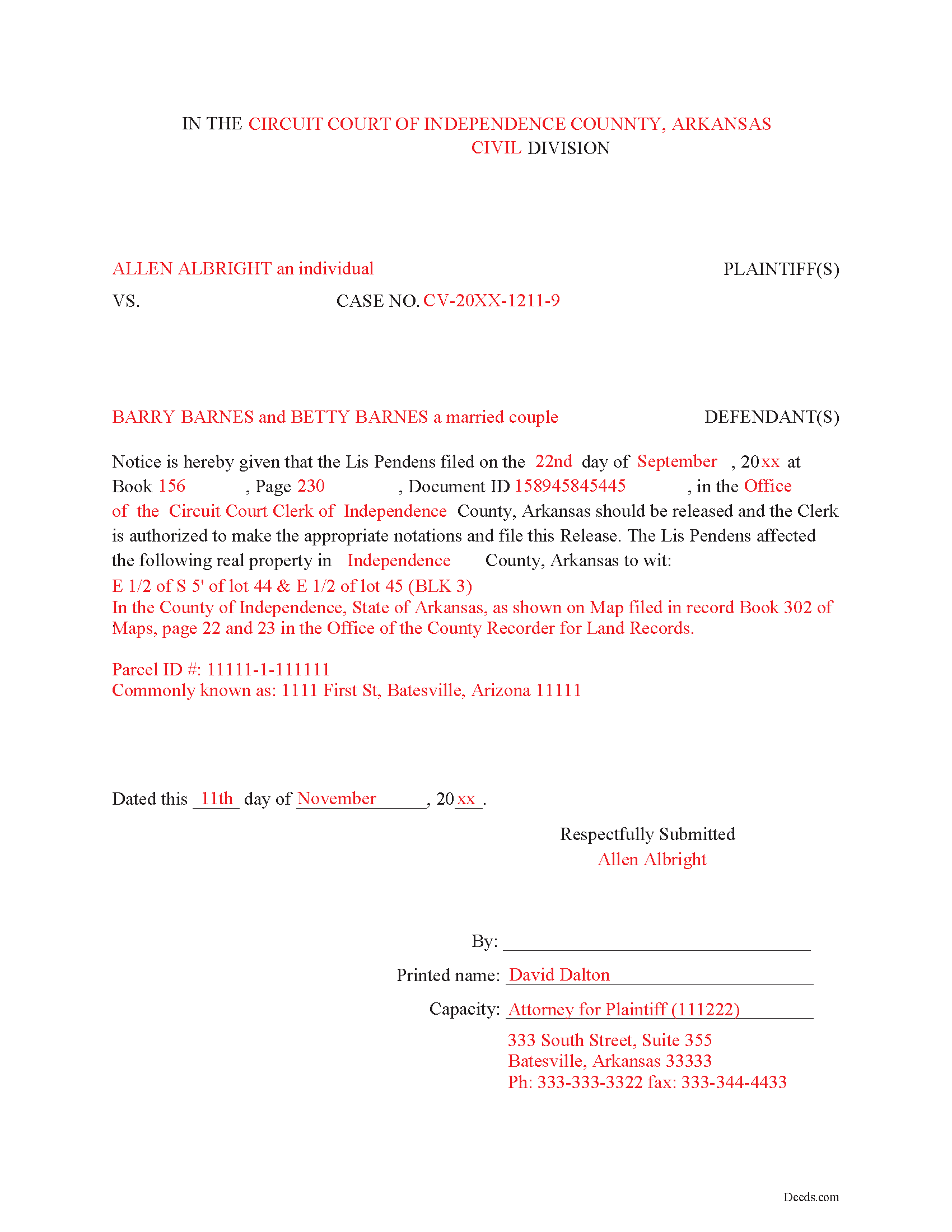 Lafayette County Completed Example of the Lis Pendens Release Document