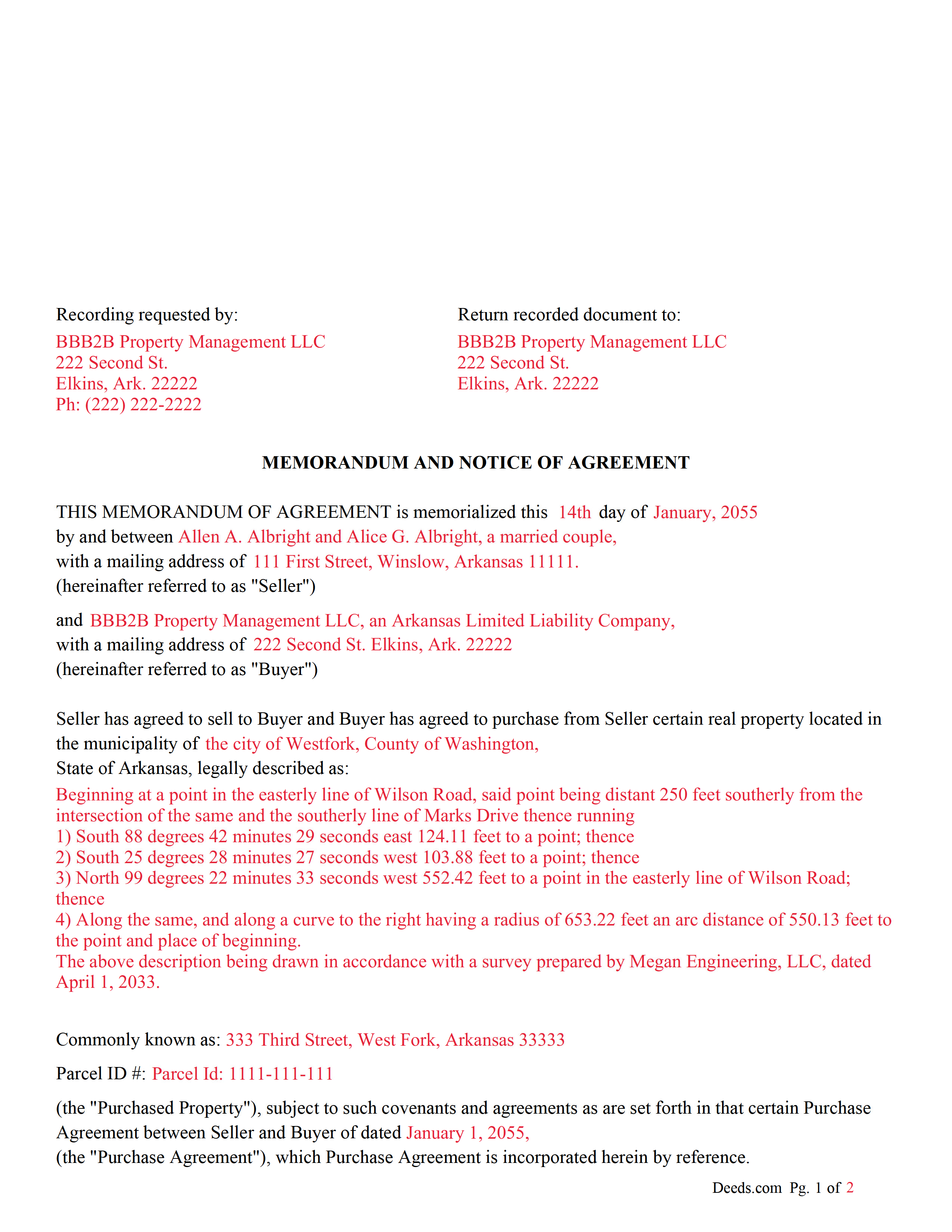 Completed Example of the Memorandum and Notice of Agreement Document