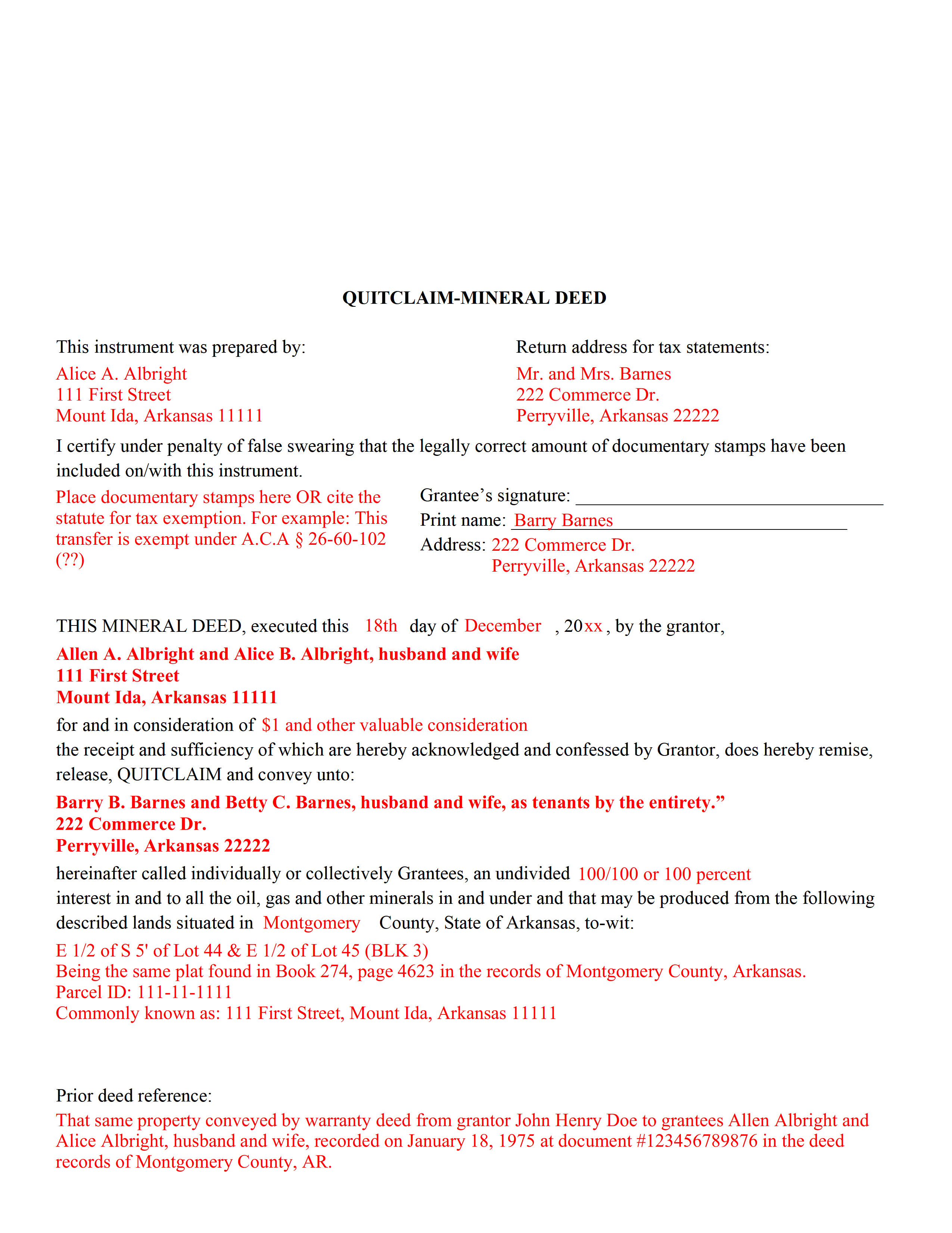 Completed Example of the Mineral Deed with Quitclaim Covenants Document