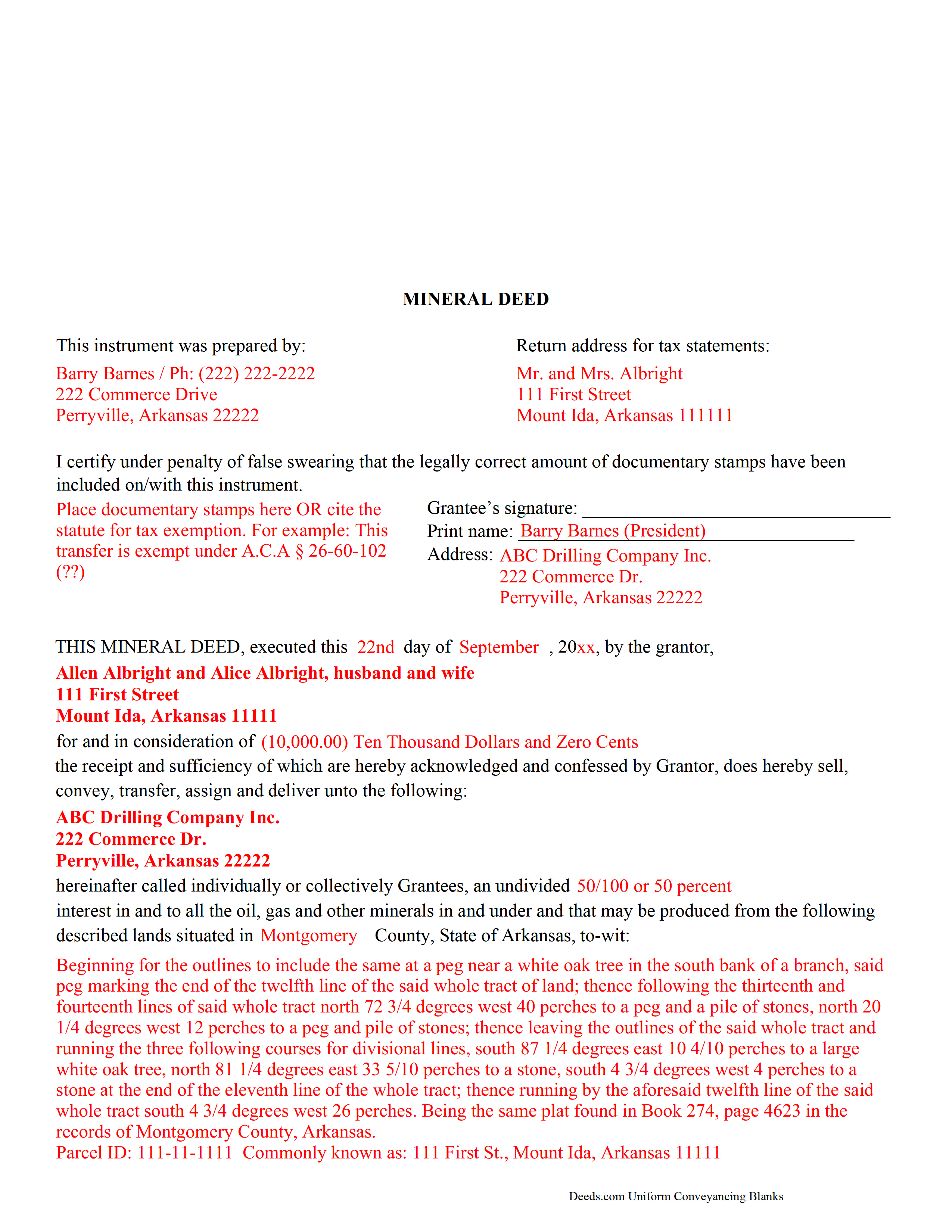 Nevada County Completed Example of a Mineral Deed Document