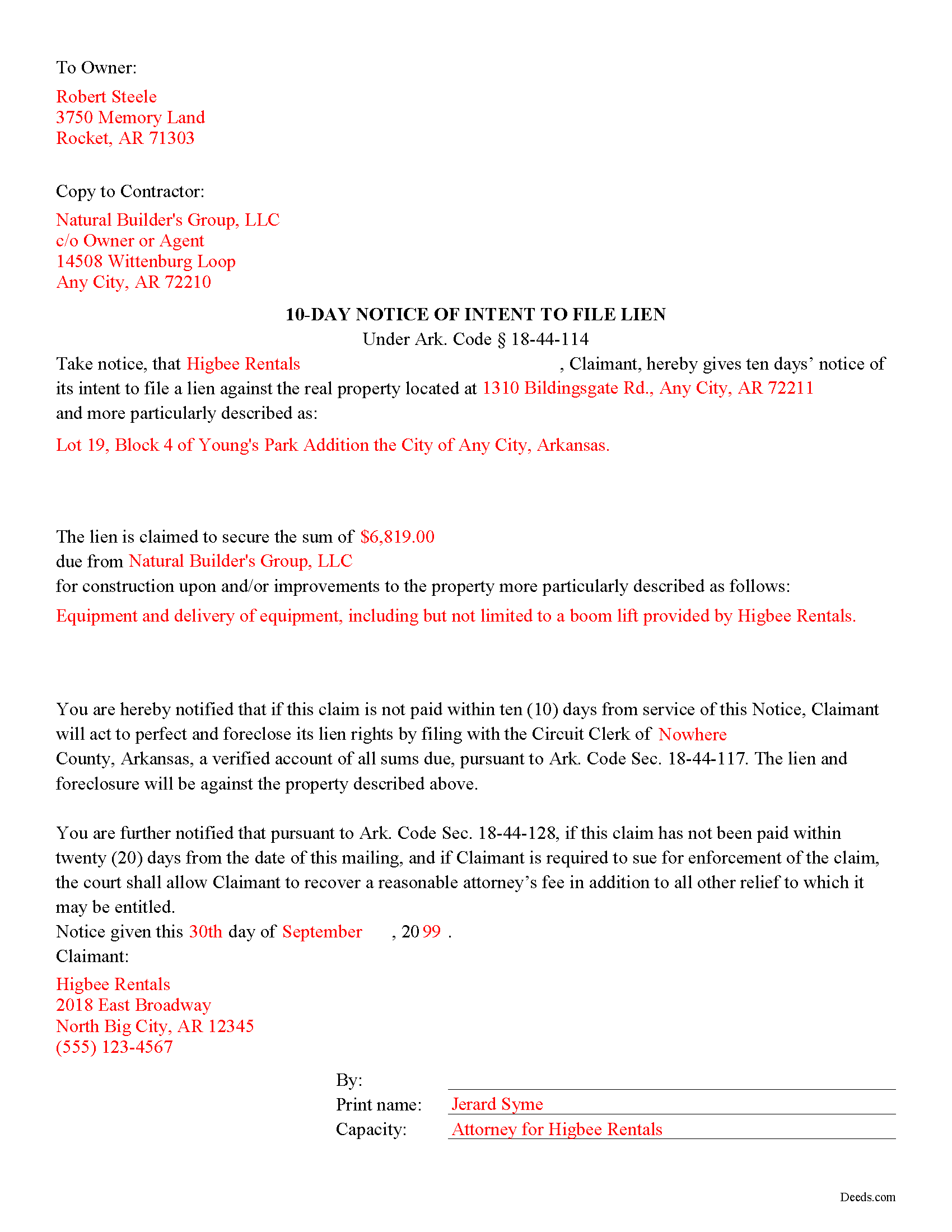 Cleveland County Completed Example of the Notice of Intent to File Document