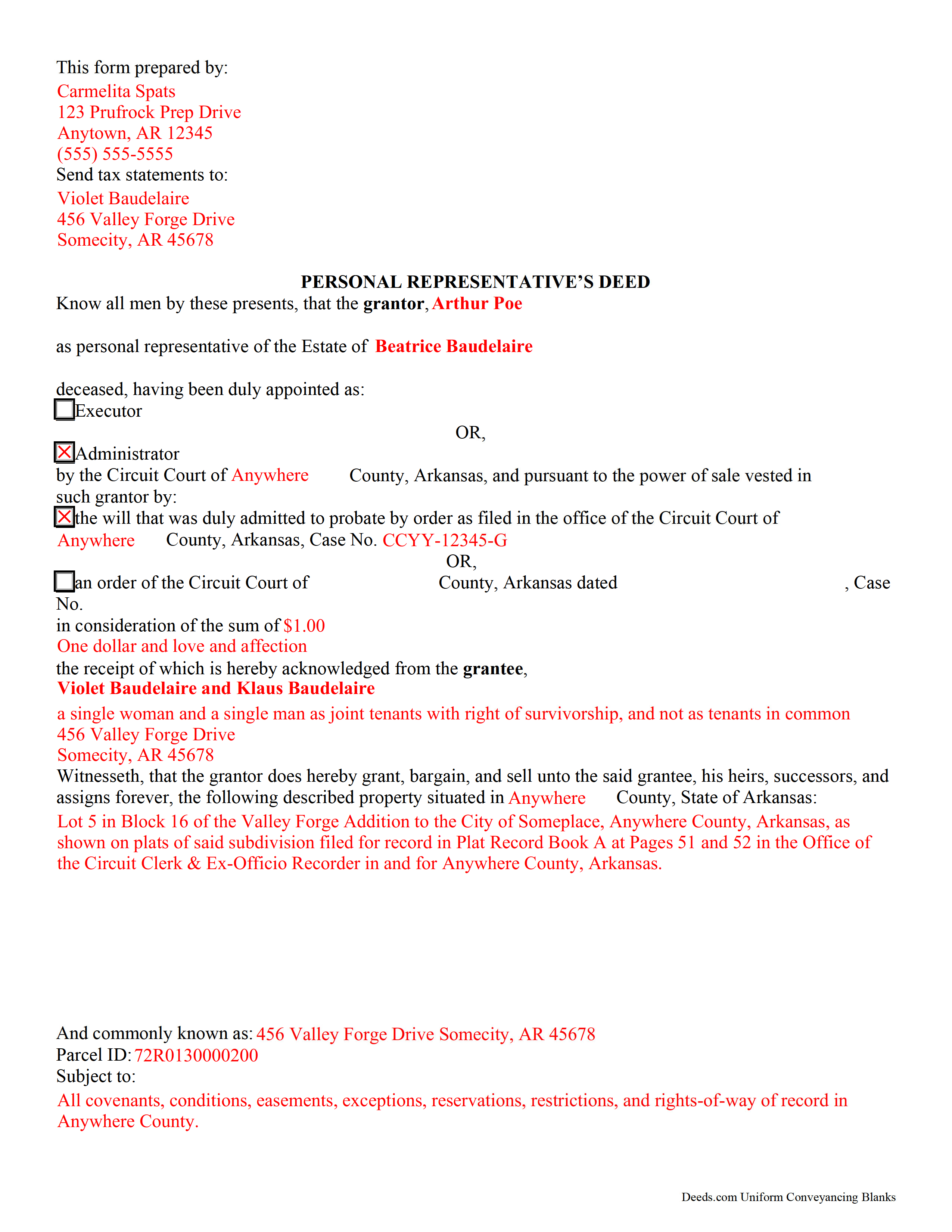 Benton County Completed Example of the Personal Representative Deed Document