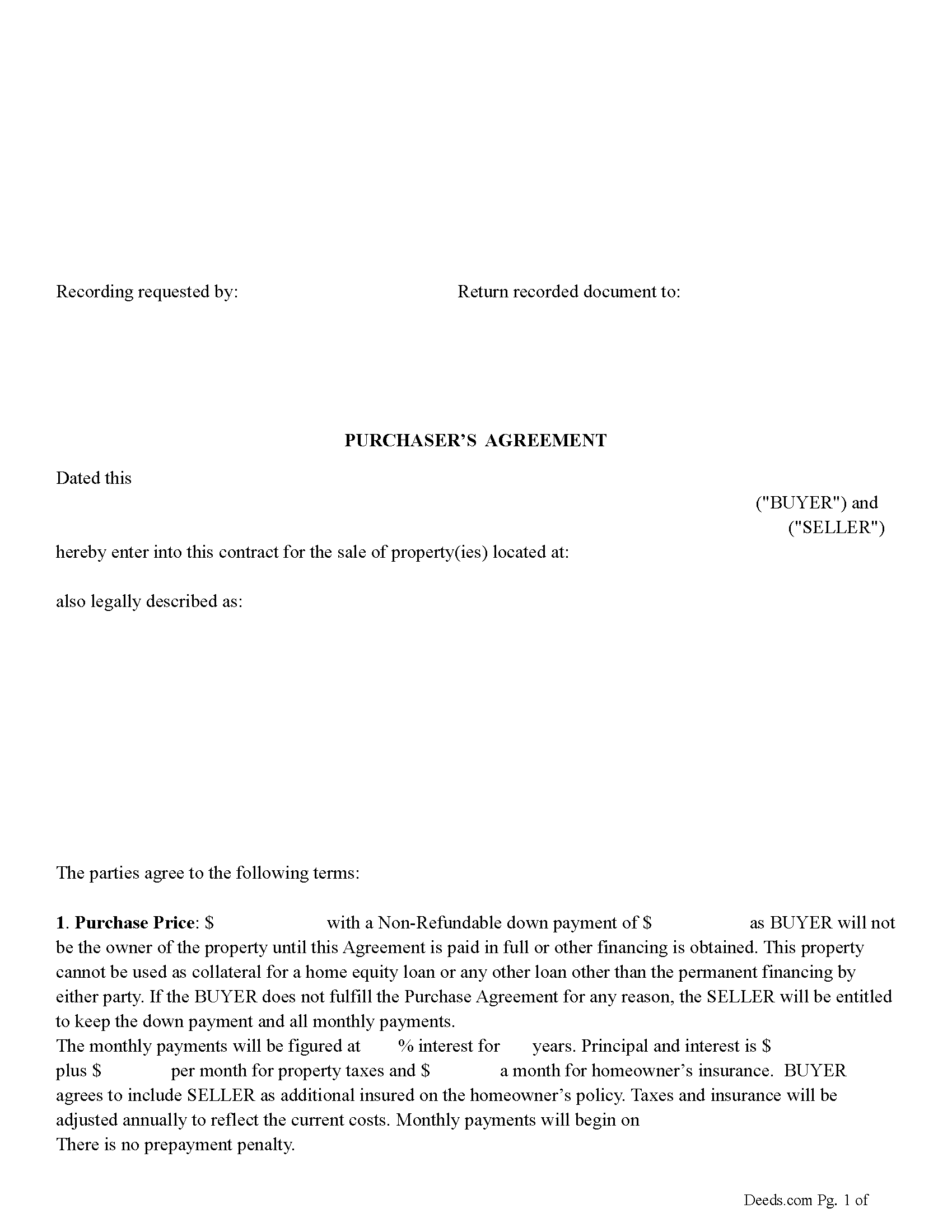 Purchaser's Agreement (with installment payments) Form