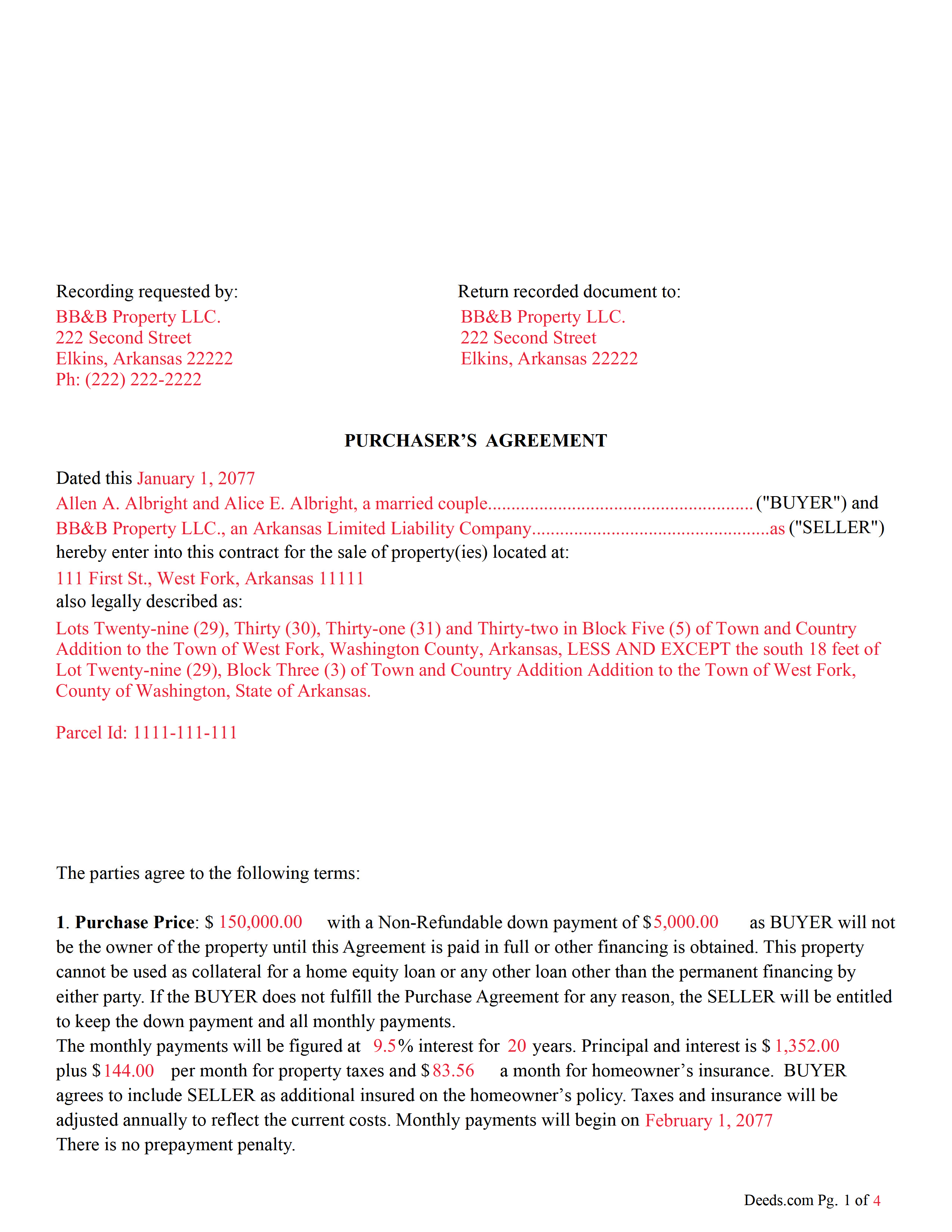 Completed Example of the Purchaser's Agreement (with installment payments) Document