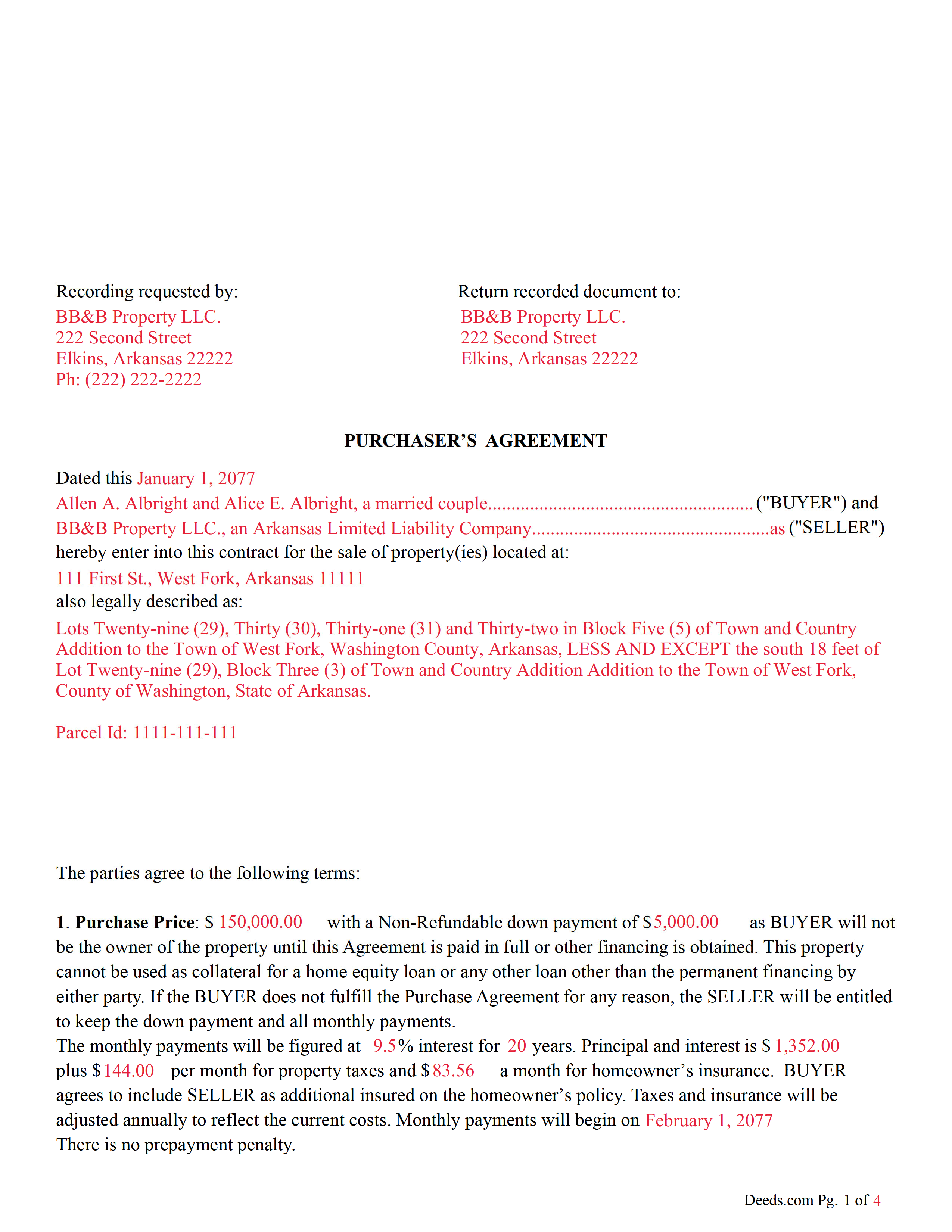 Nevada County Completed Example of the Purchaser's Agreement (with installment payments) Document