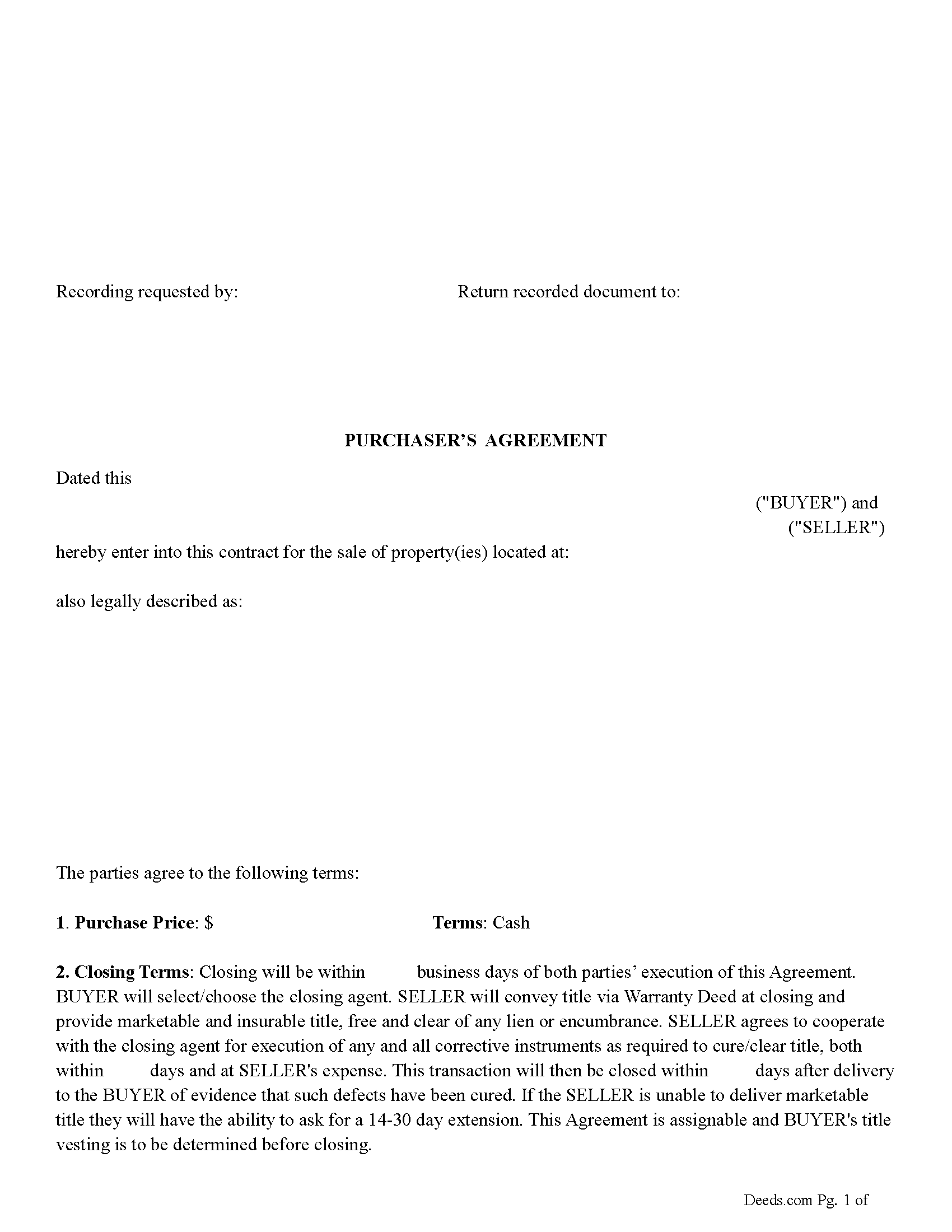 Purchasers Agreement (Cash) Form