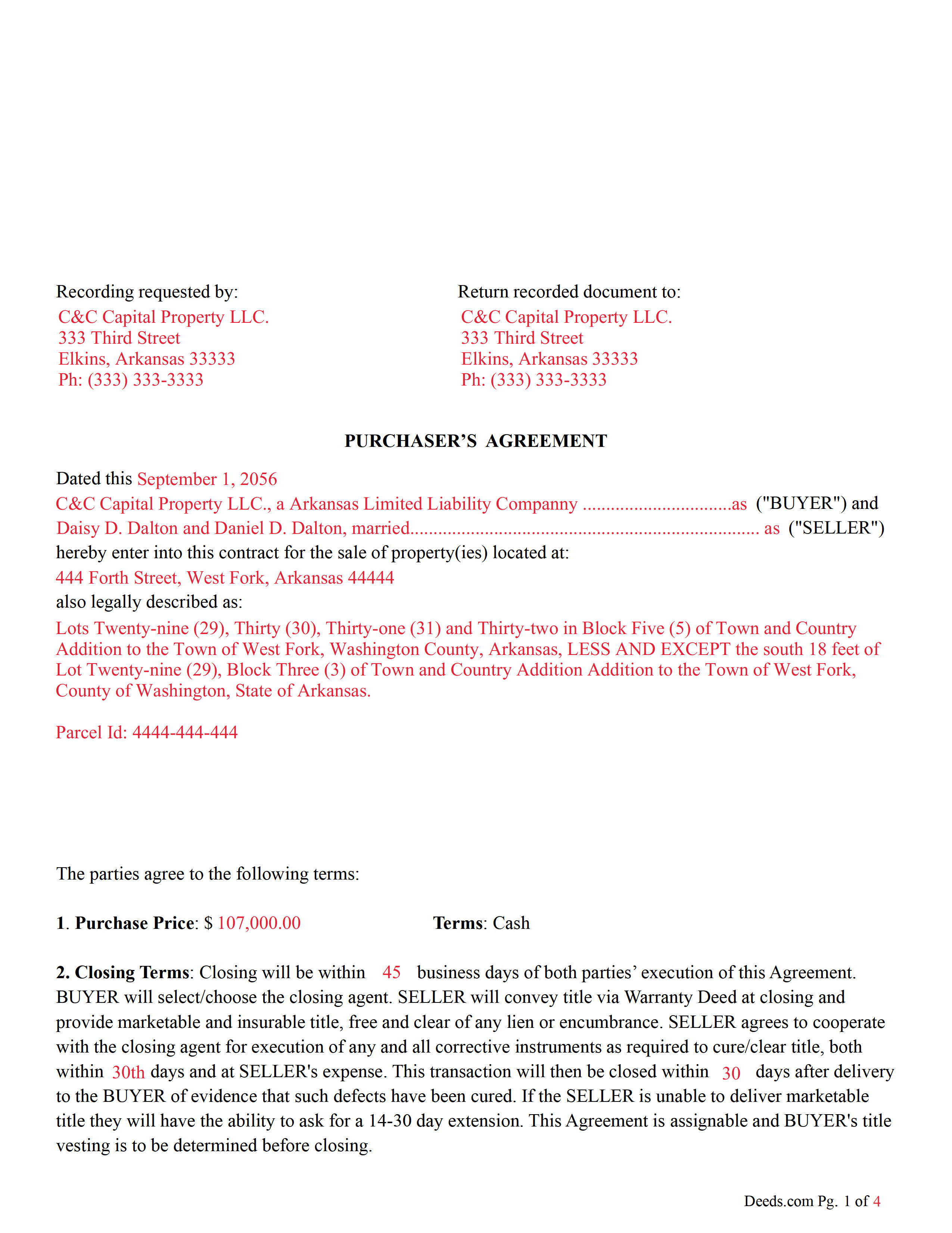 Completed Example of the Purchasers Agreement (Cash) Document
