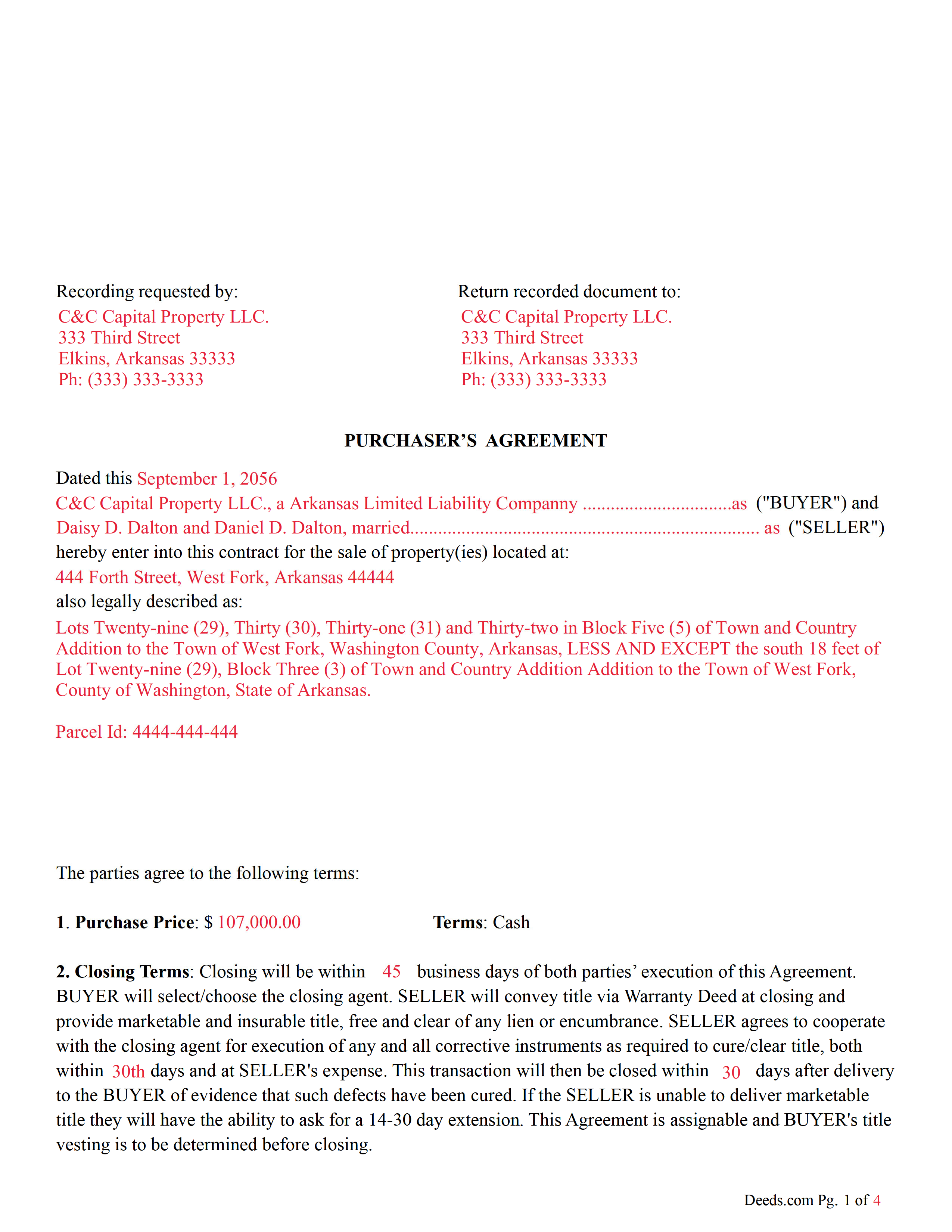 Nevada County Completed Example of the Purchasers Agreement (Cash) Document