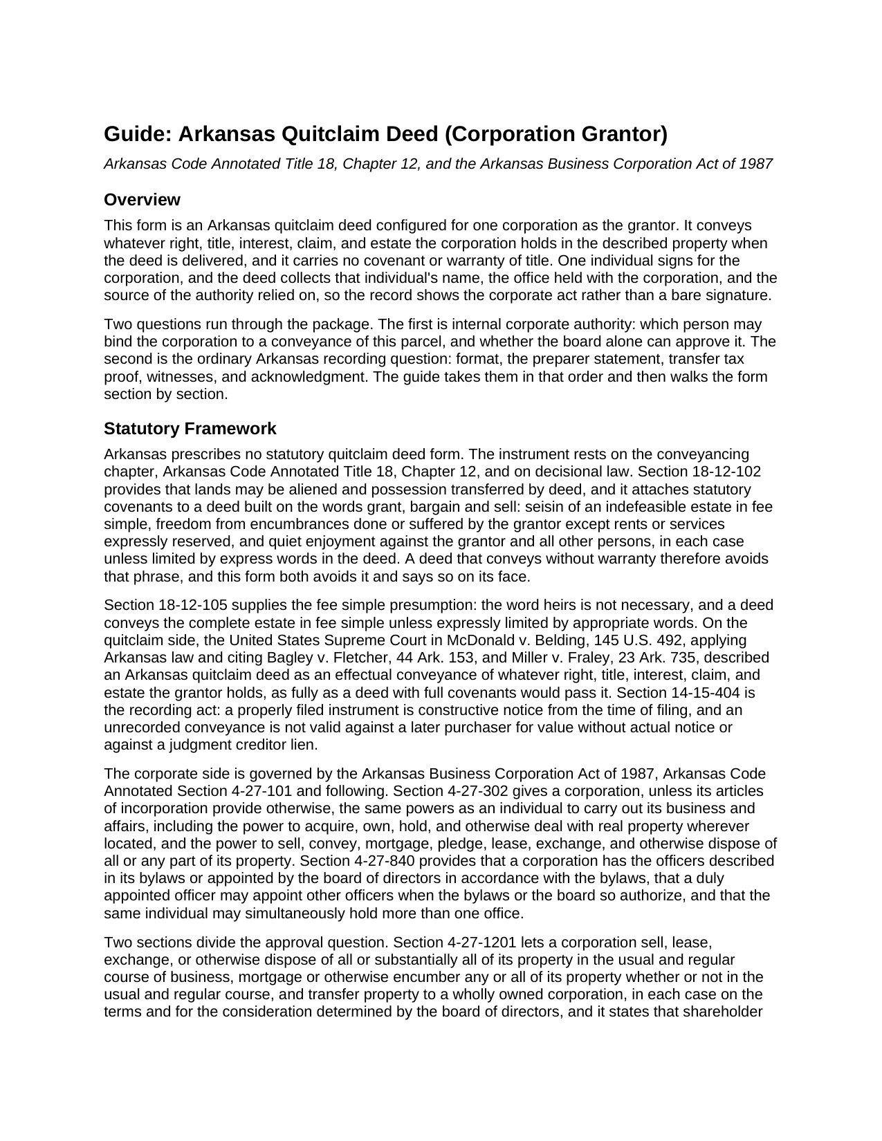 Pulaski County Quitclaim Deed (Corporation Grantor) Guide