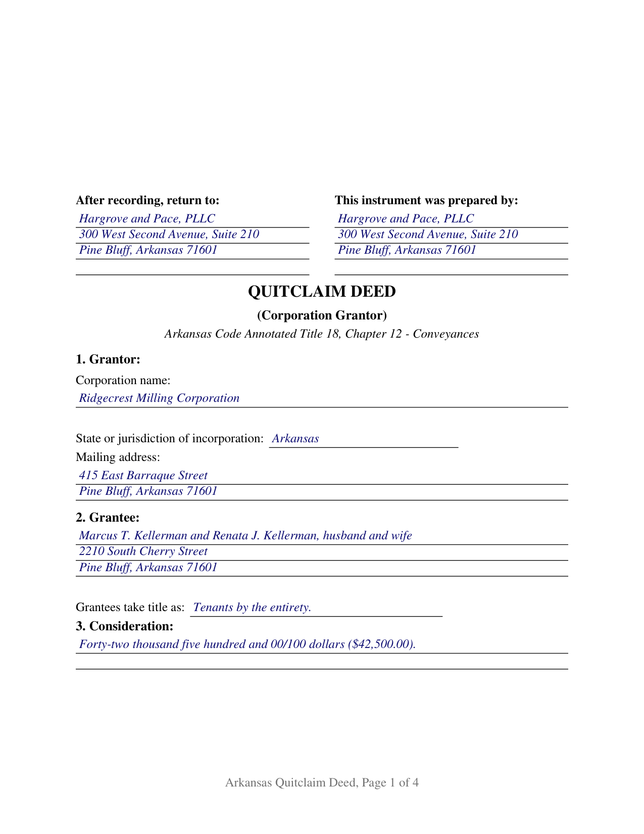 Pulaski County Completed Example of the Quitclaim Deed (Corporation Grantor) Document
