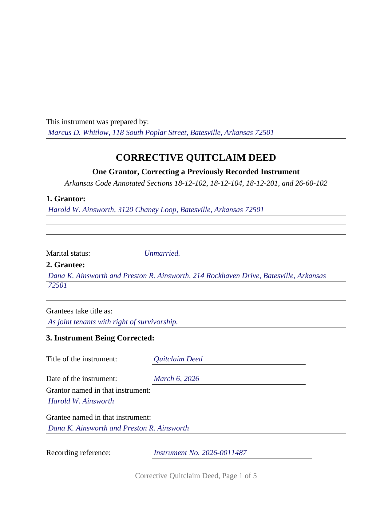Lawrence County Completed Example of the Quitclaim Deed (Corrective) Document