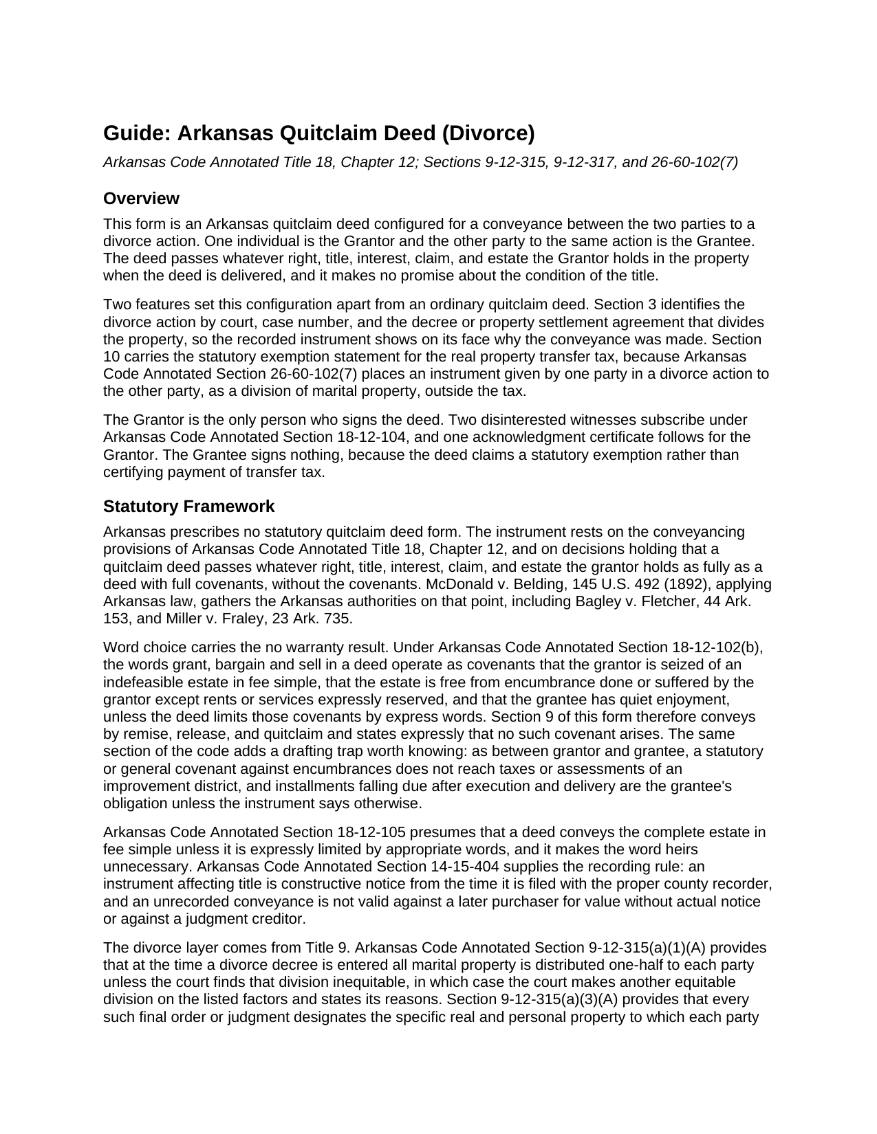 Cross County Quitclaim Deed (Divorce) Guide