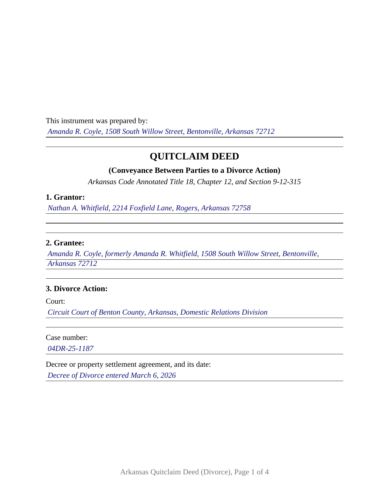 Cross County Completed Example of the Quitclaim Deed (Divorce) Document