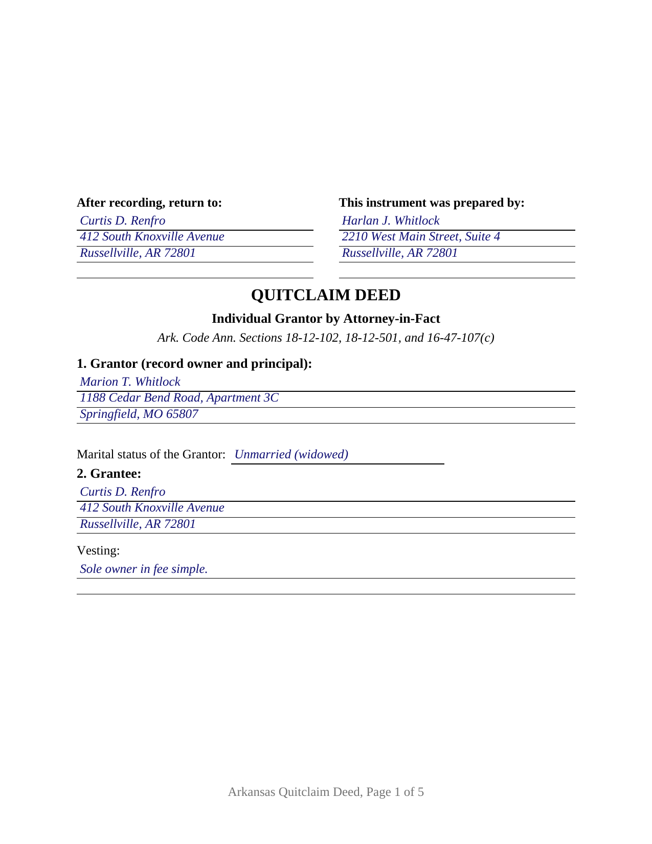 Sharp County Completed Example of the Quitclaim Deed (Individual Grantor by Attorney-in-Fact) Document