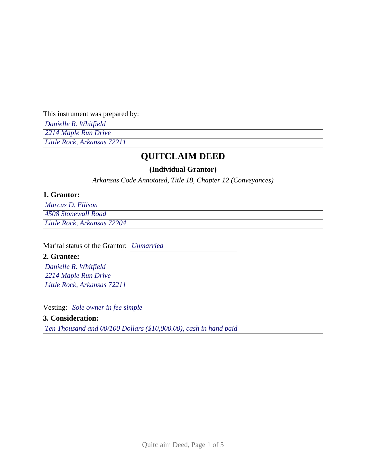 Boone County Completed Example of the Quitclaim Deed (Individual Grantor) Document