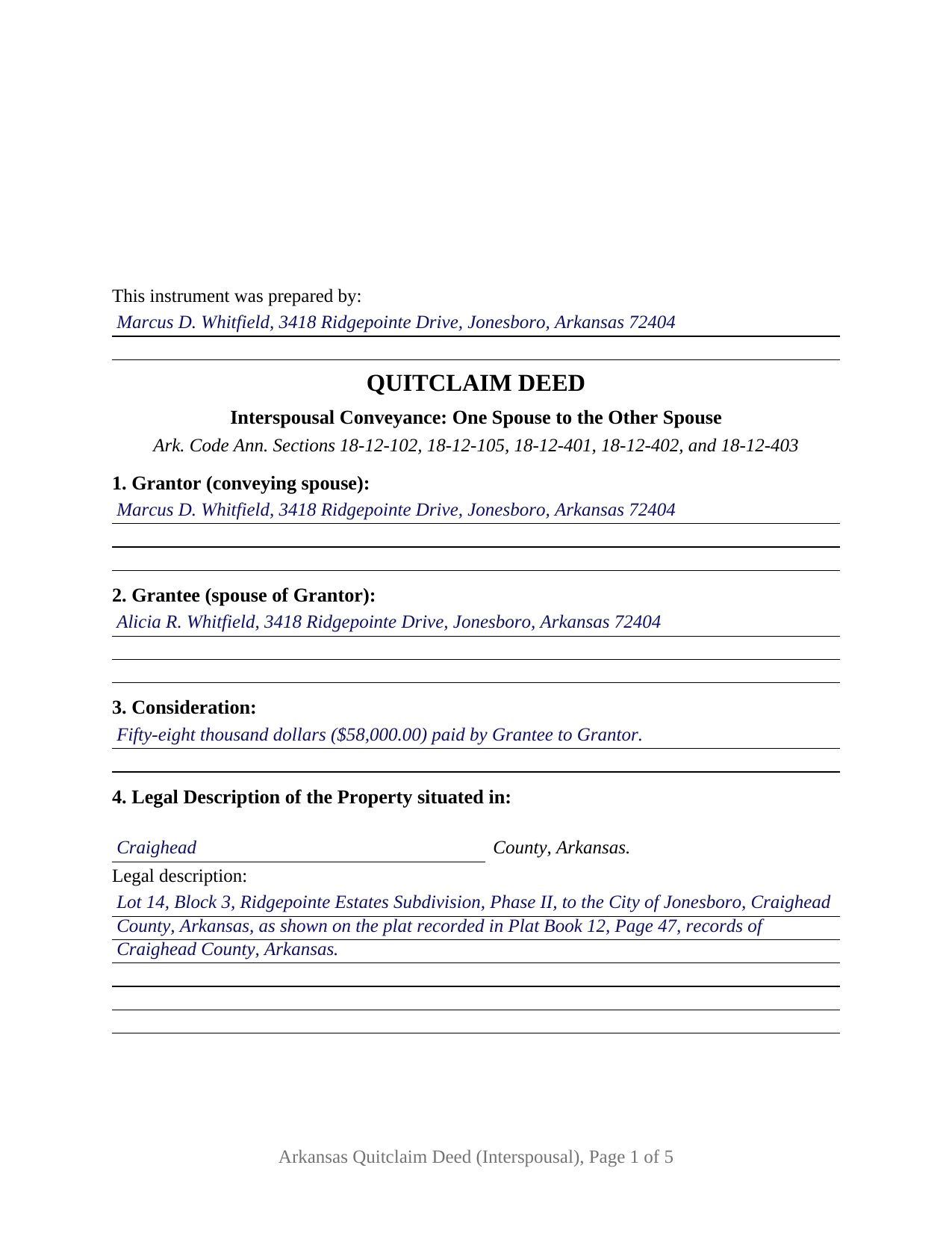 Prairie County Completed Example of the Quitclaim Deed (Interspousal) Document
