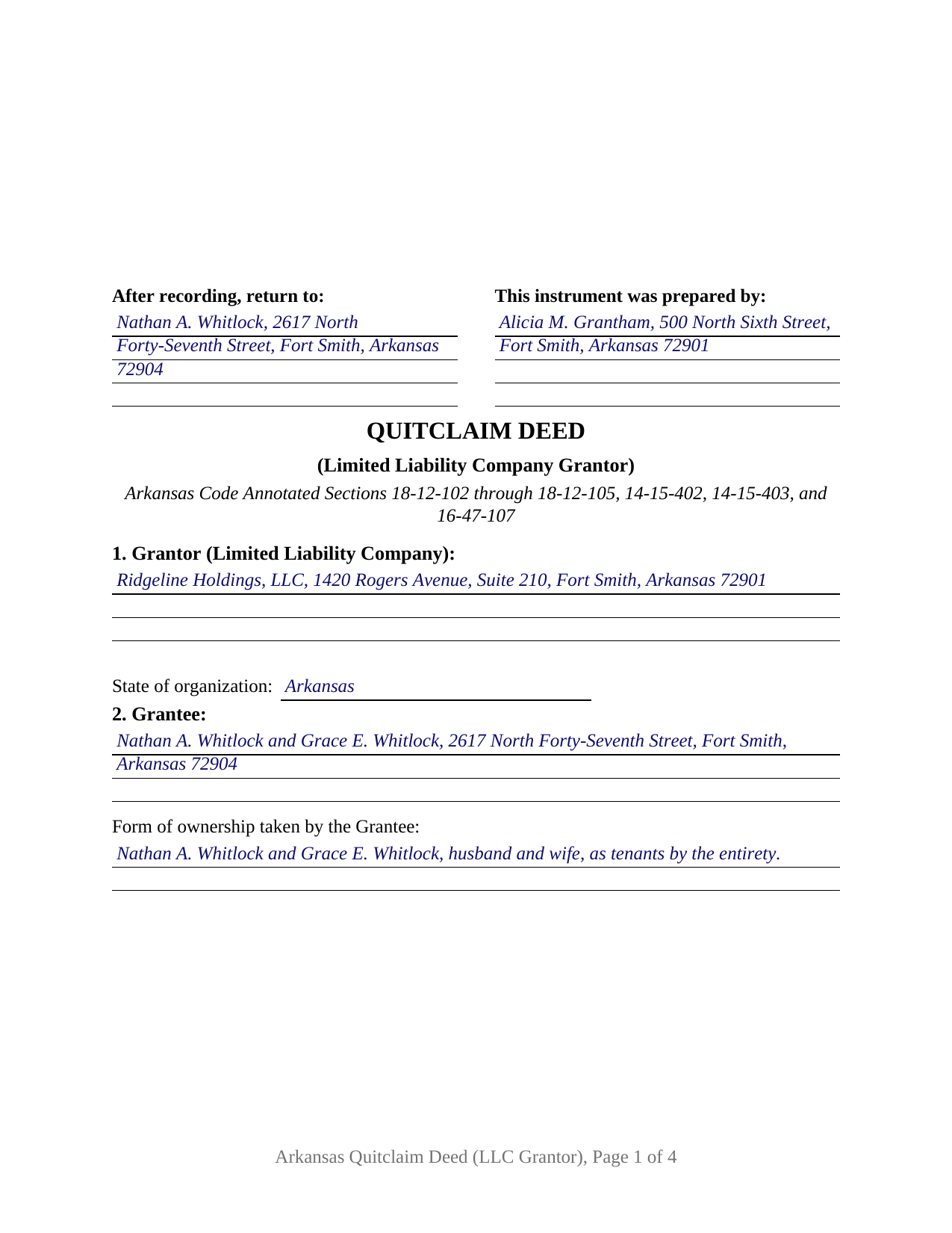 Mississippi County Completed Example of the Quitclaim Deed (LLC Grantor) Document
