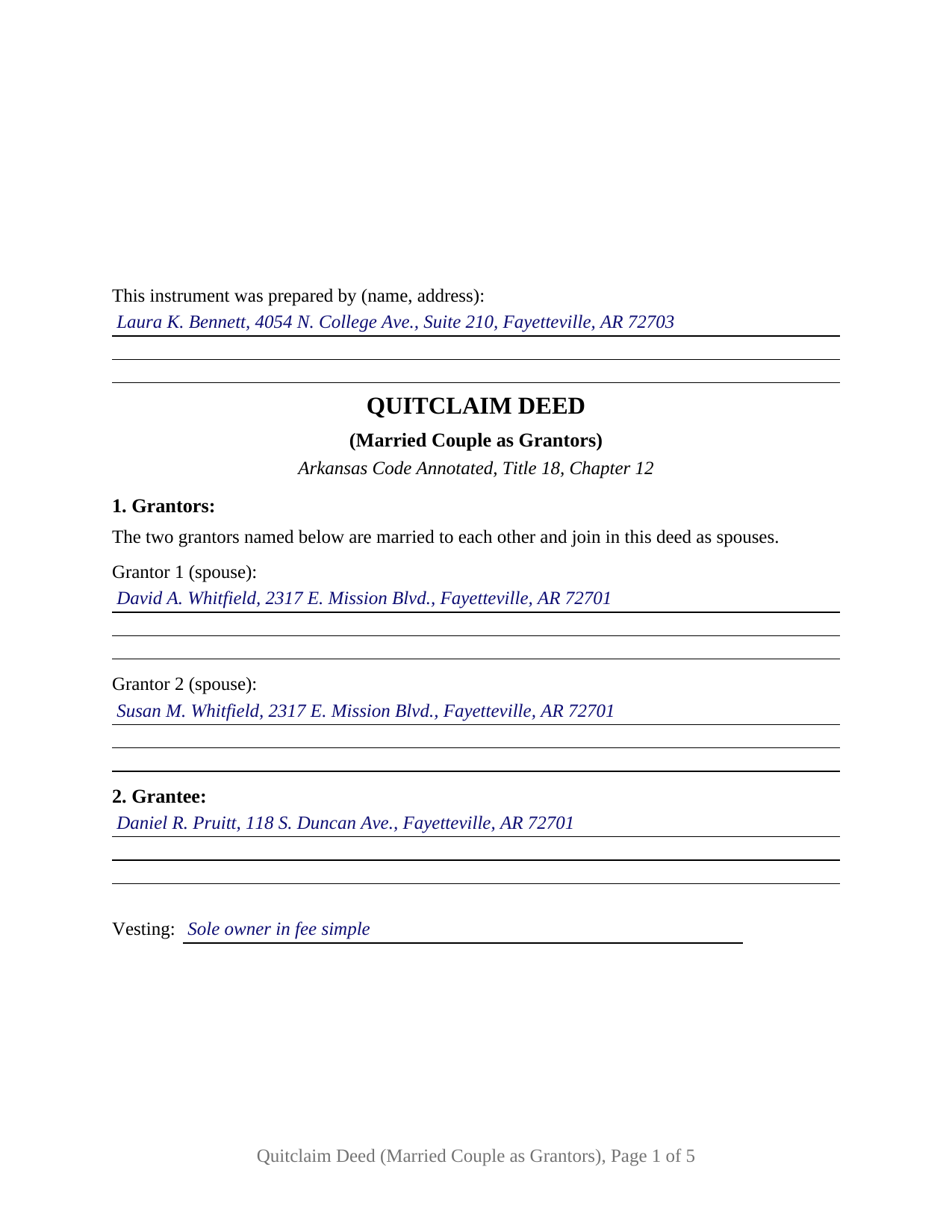 Prairie County Completed Example of the Quitclaim Deed (Married Couple as Grantors) Document