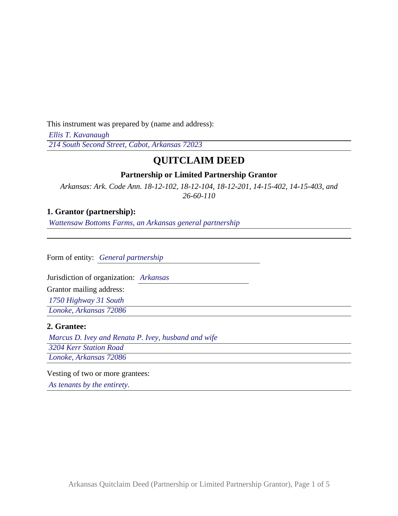 Baxter County Completed Example of the Quitclaim Deed (Partnership or Limited Partnership Grantor) Document