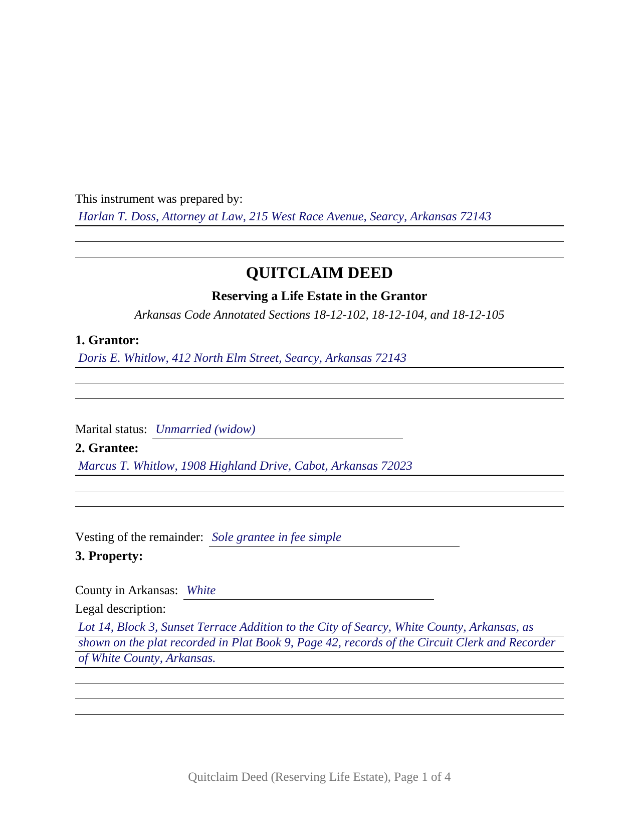 Fulton County Completed Example of the Quitclaim Deed (Reserving Life Estate) Document