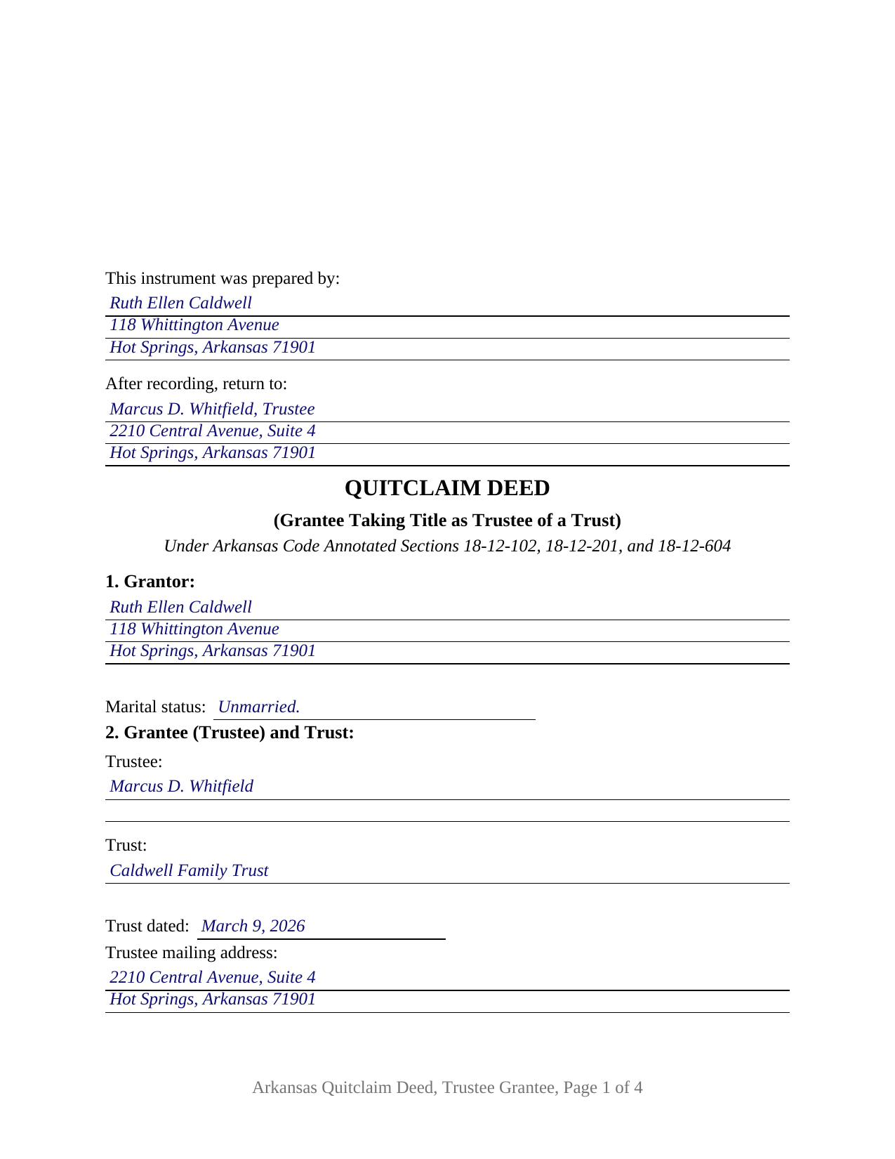 Columbia County Completed Example of the Quitclaim Deed (Trustee Grantee) Document