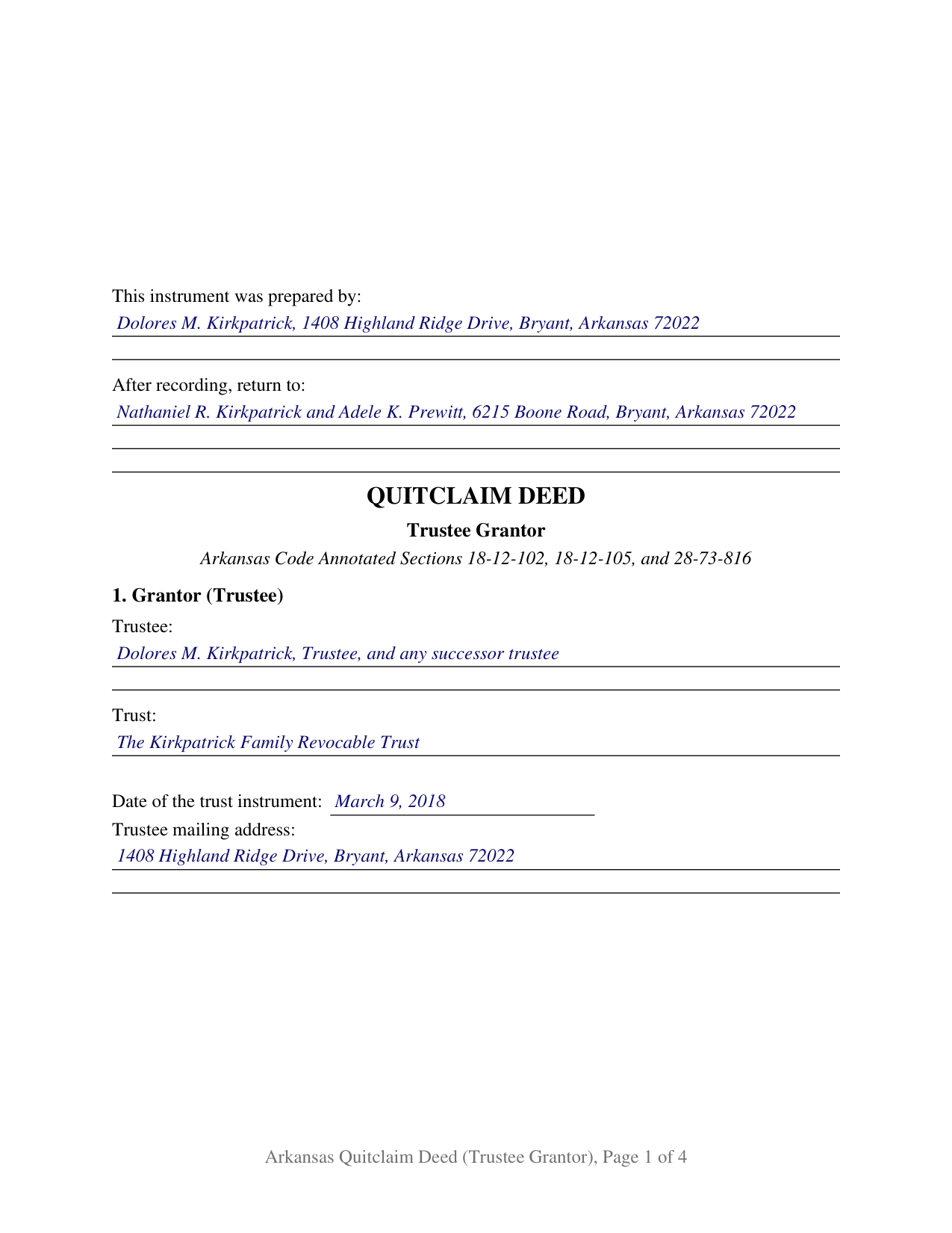 Cleburne County Completed Example of the Quitclaim Deed (Trustee Grantor) Document