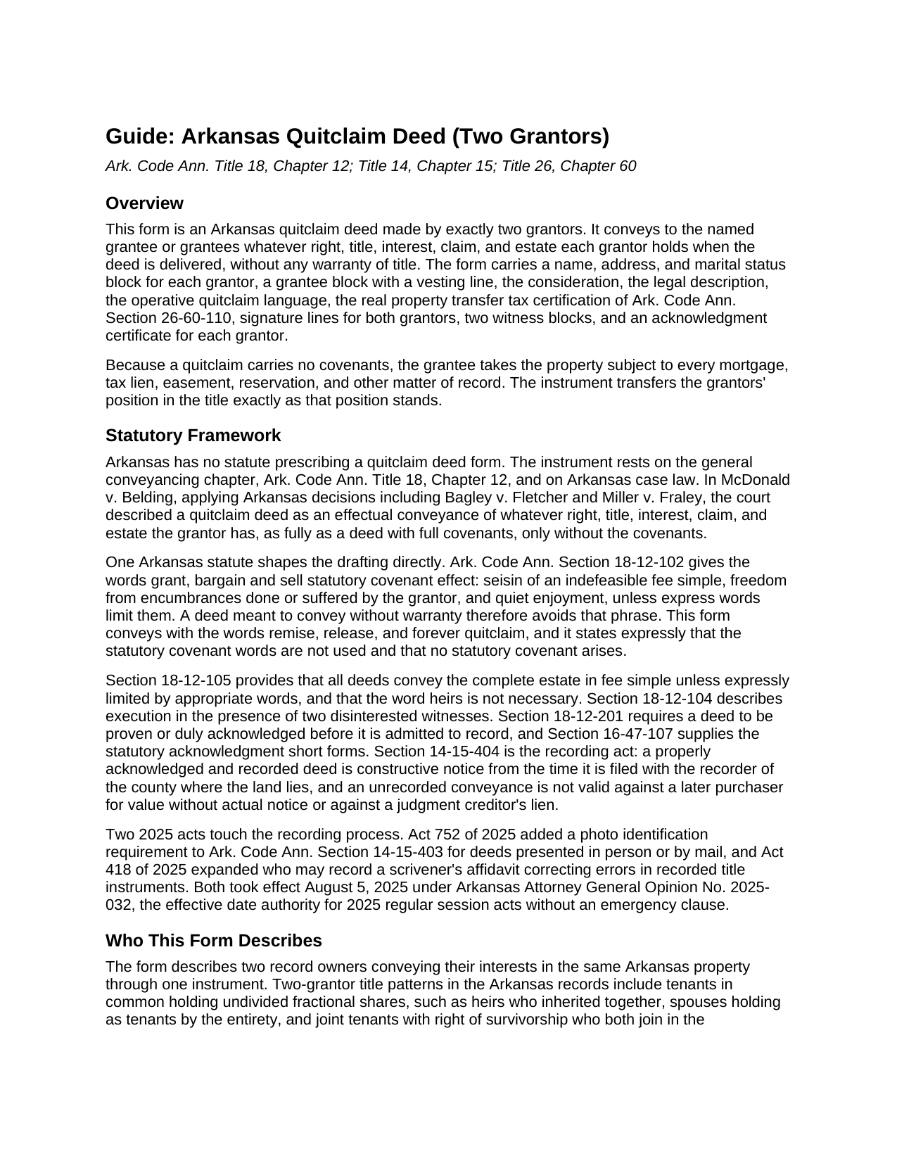 Van Buren County Quitclaim Deed (Two Grantors) Guide