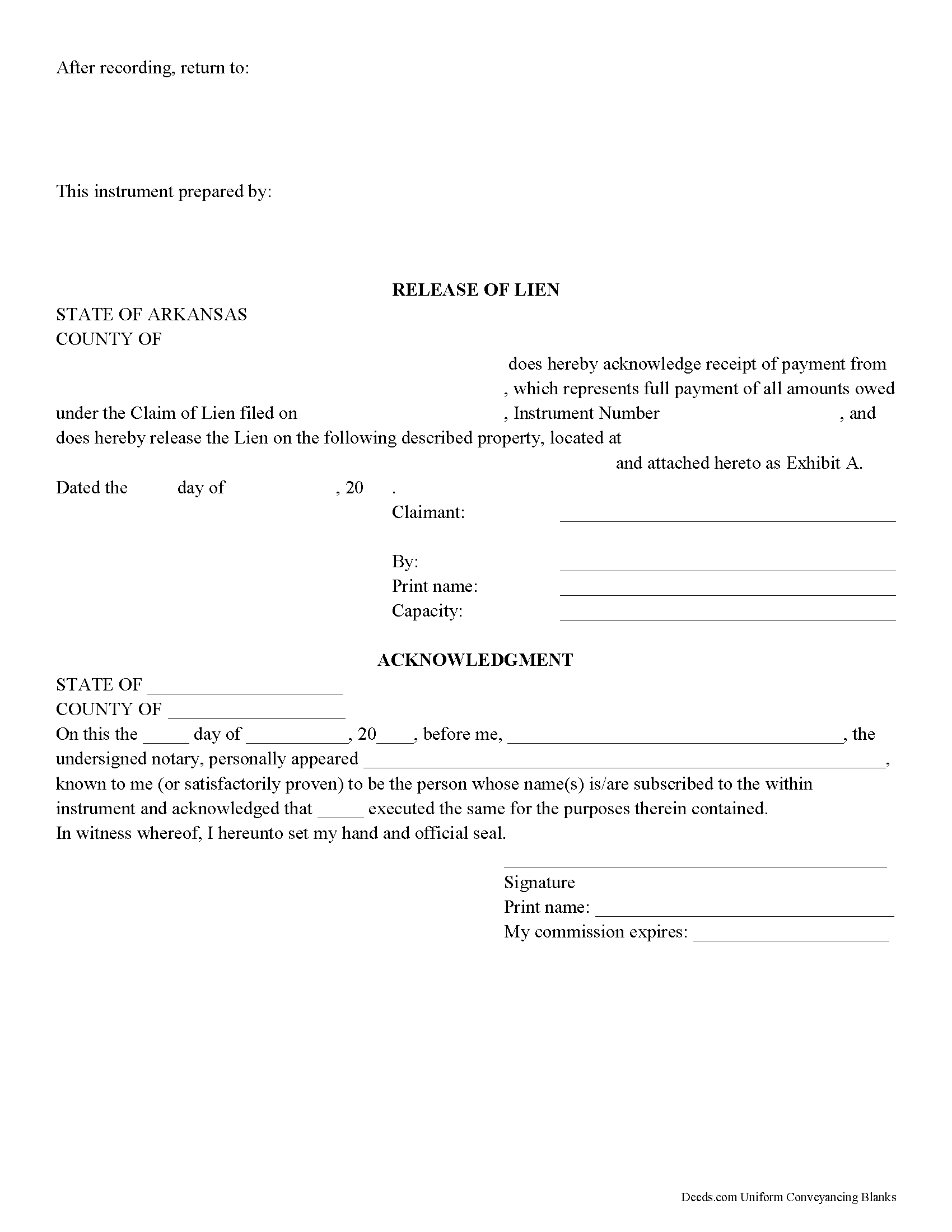 Garland County Release of Mechanic Lien Form