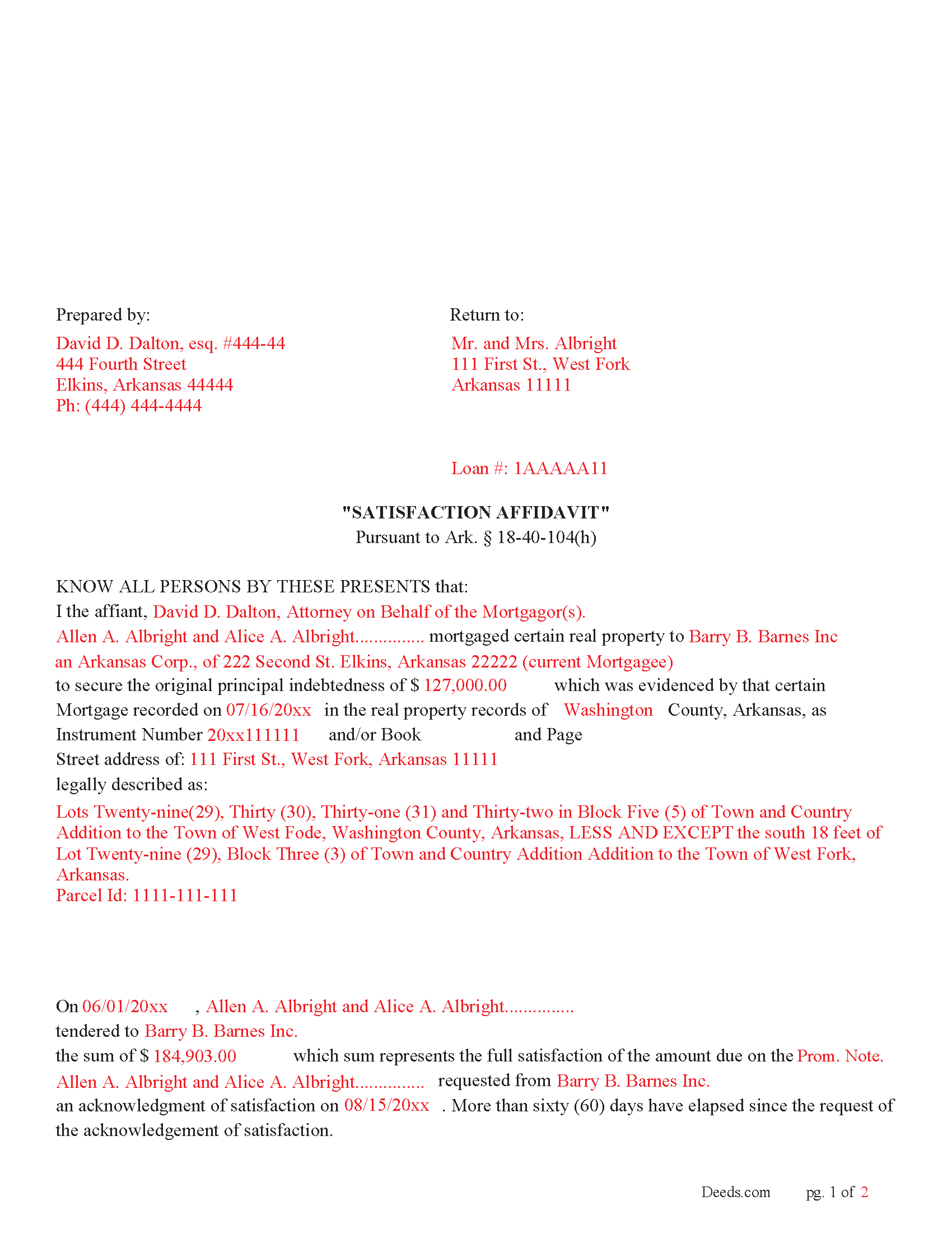 Cleveland County Completed Example of the Satisfaction Affidavit Document