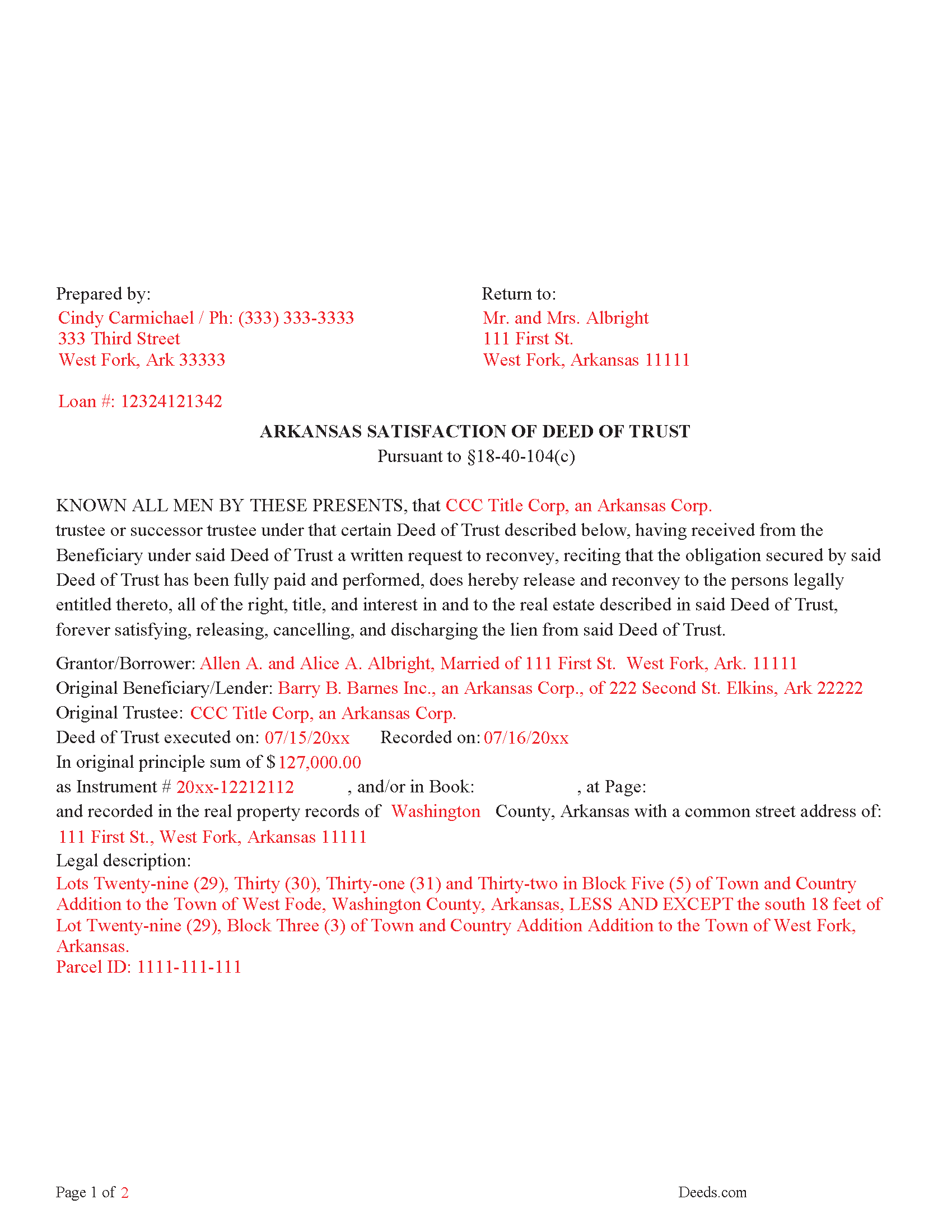 Hempstead County Completed Example of the Satisfaction of Deed of Trust Document