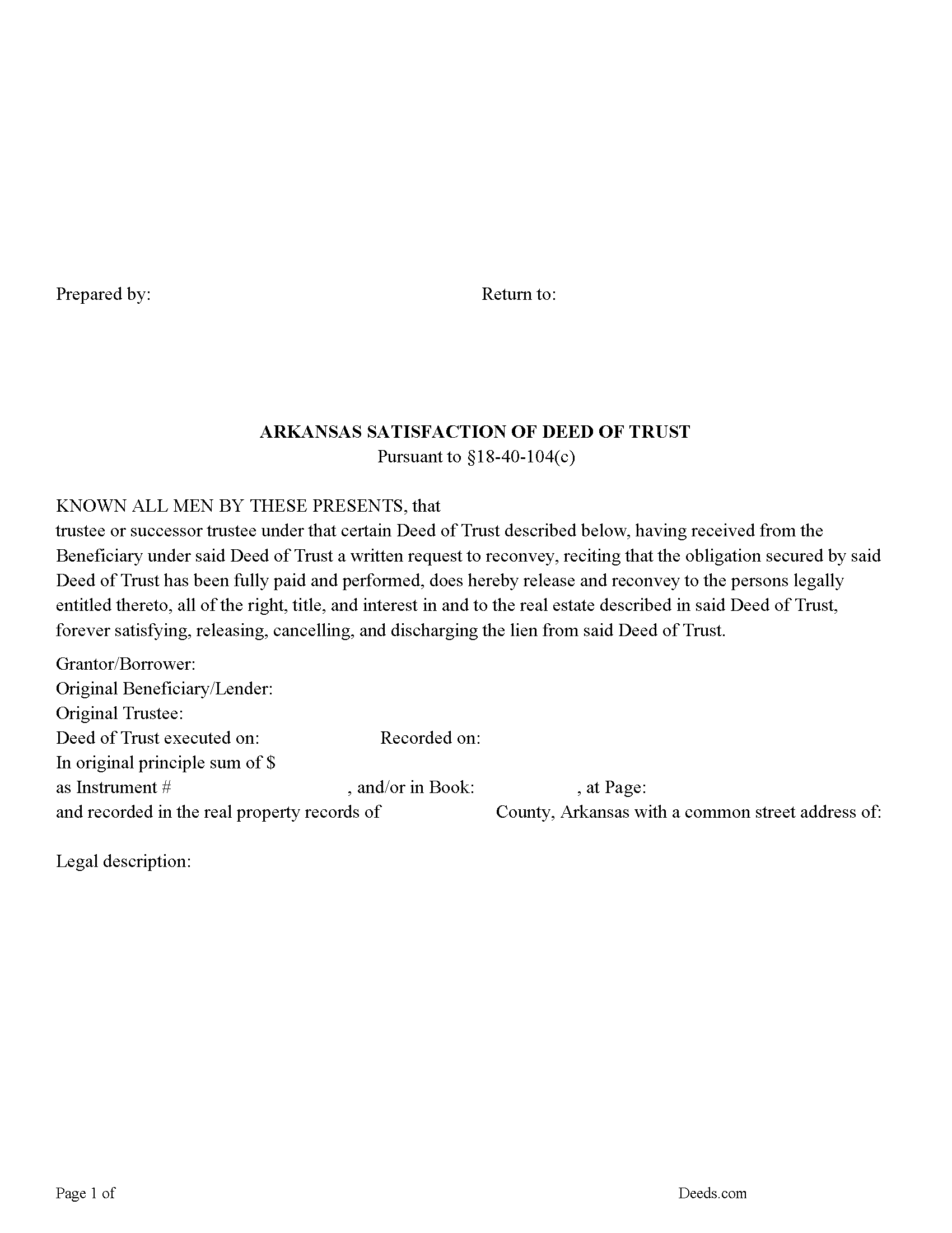 Hempstead County Satisfaction of Deed of Trust Form