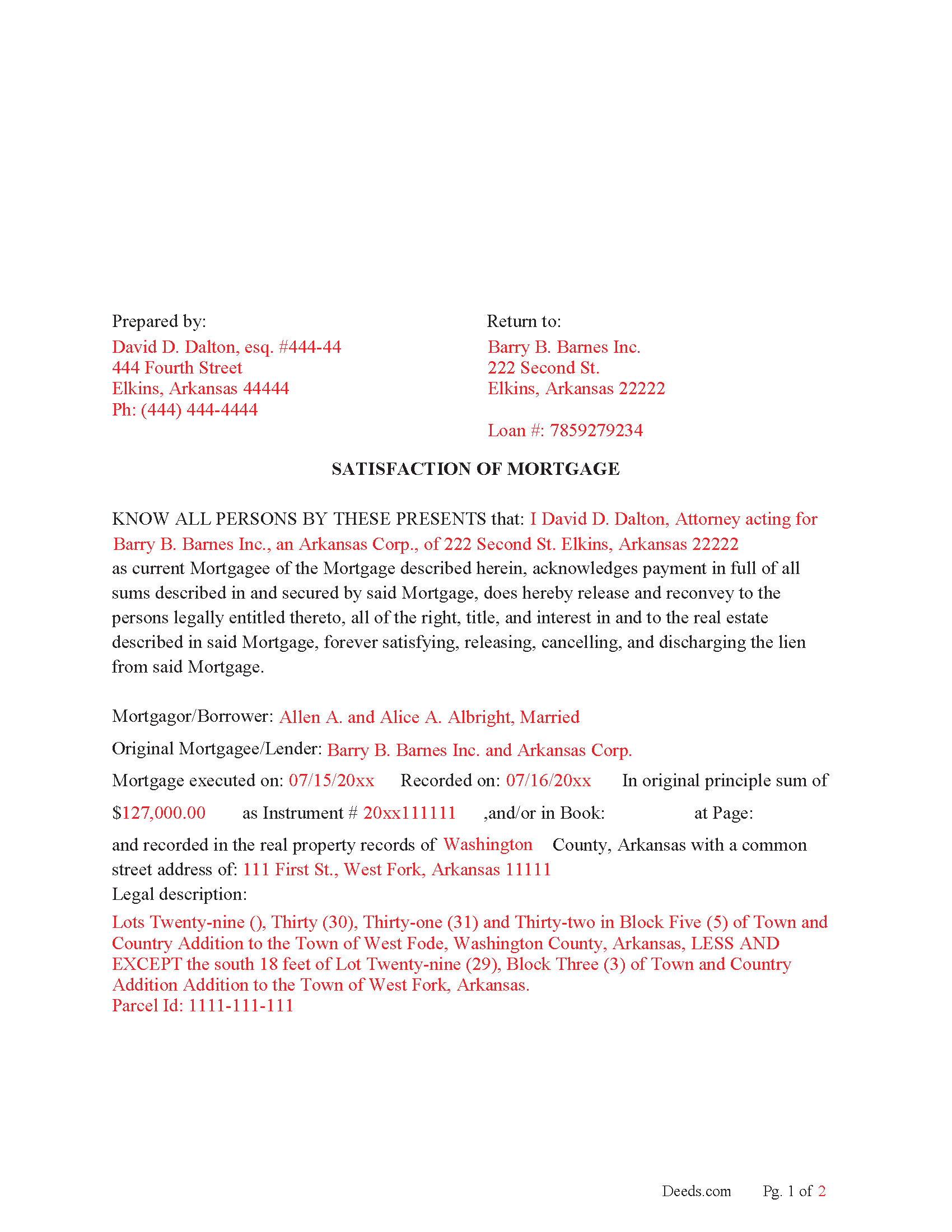 Lawrence County Completed Example of the Satisfaction of Mortgage Document