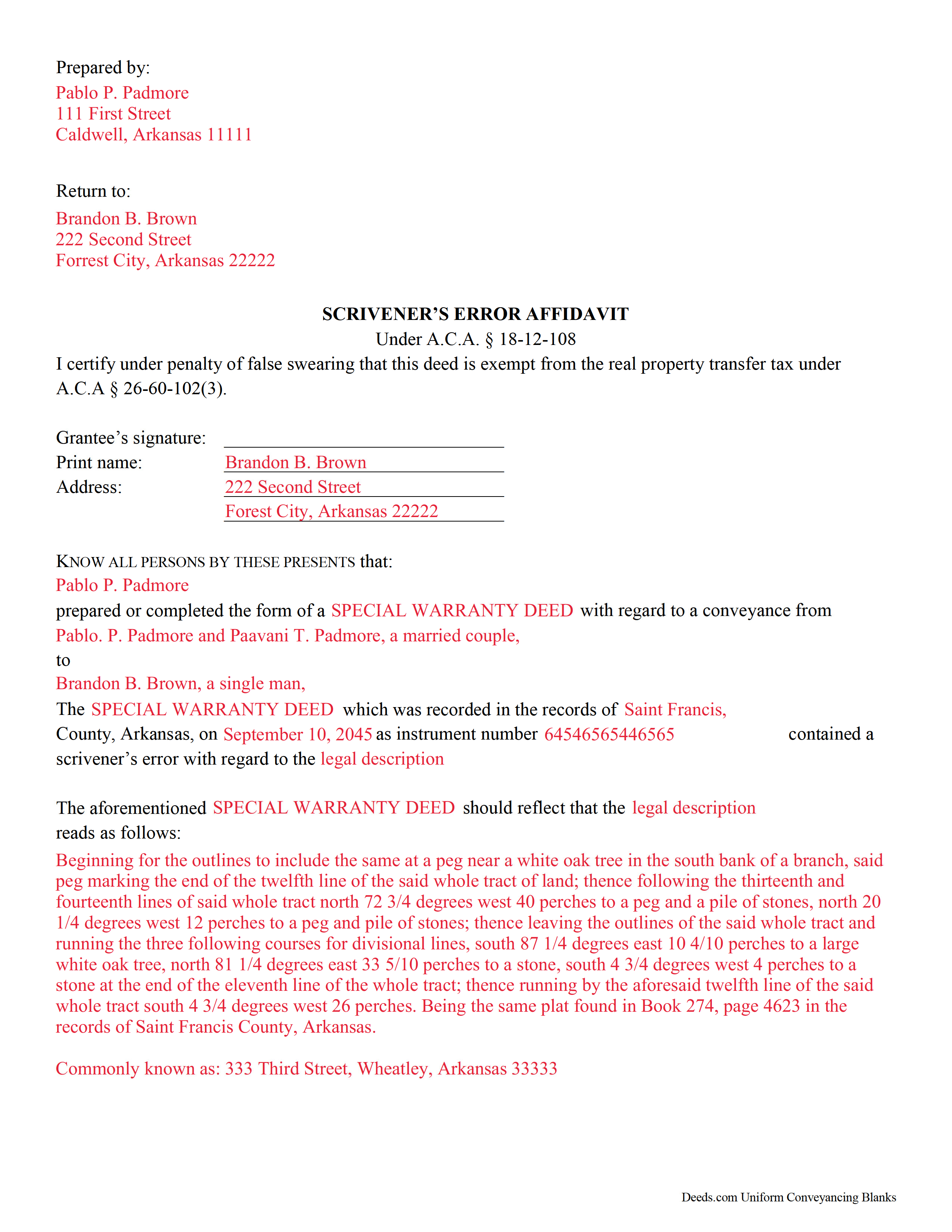 Completed Example of the Scrivener's Error Affidavit Document