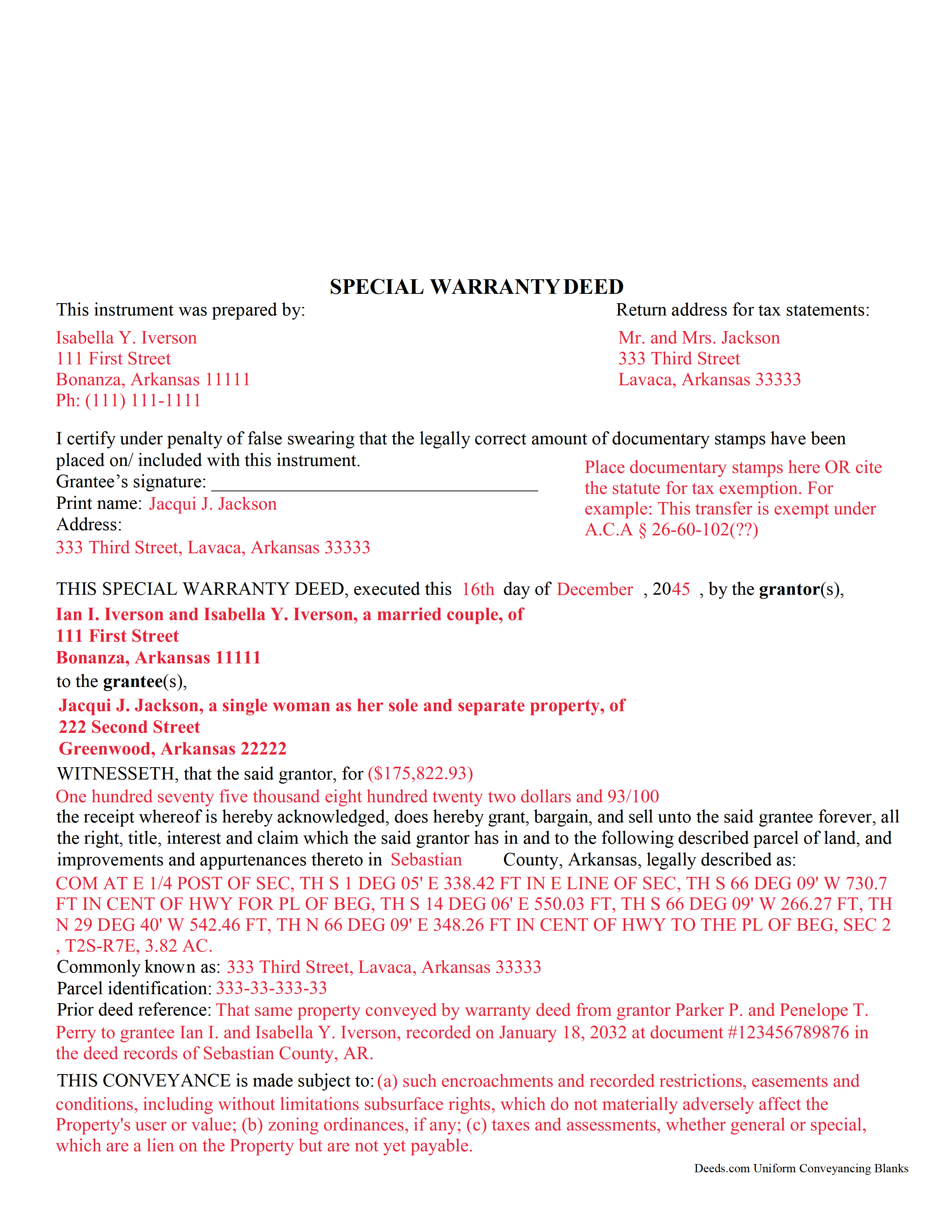Completed Example of the Special Warranty Deed Document