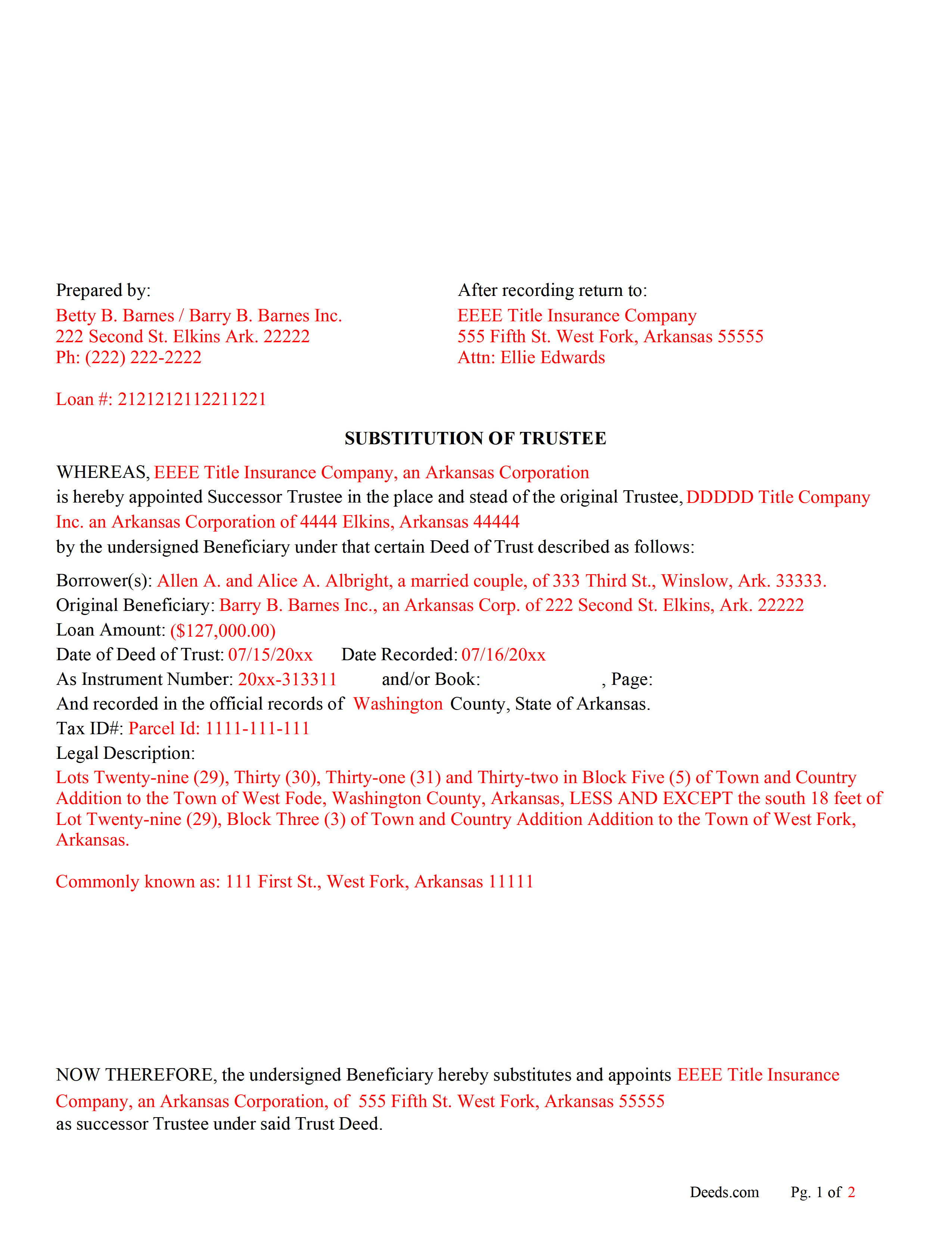 Completed Example of the Substitution of Trustee Document