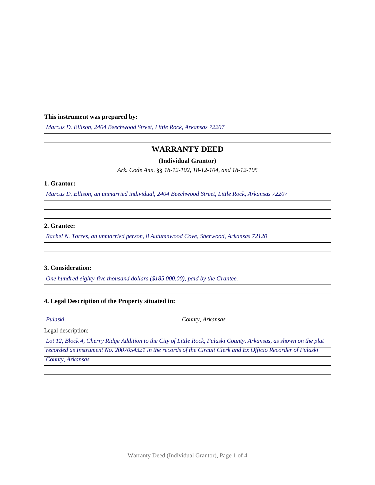 Boone County Completed Example of the Warranty Deed (Individual Grantor) Document