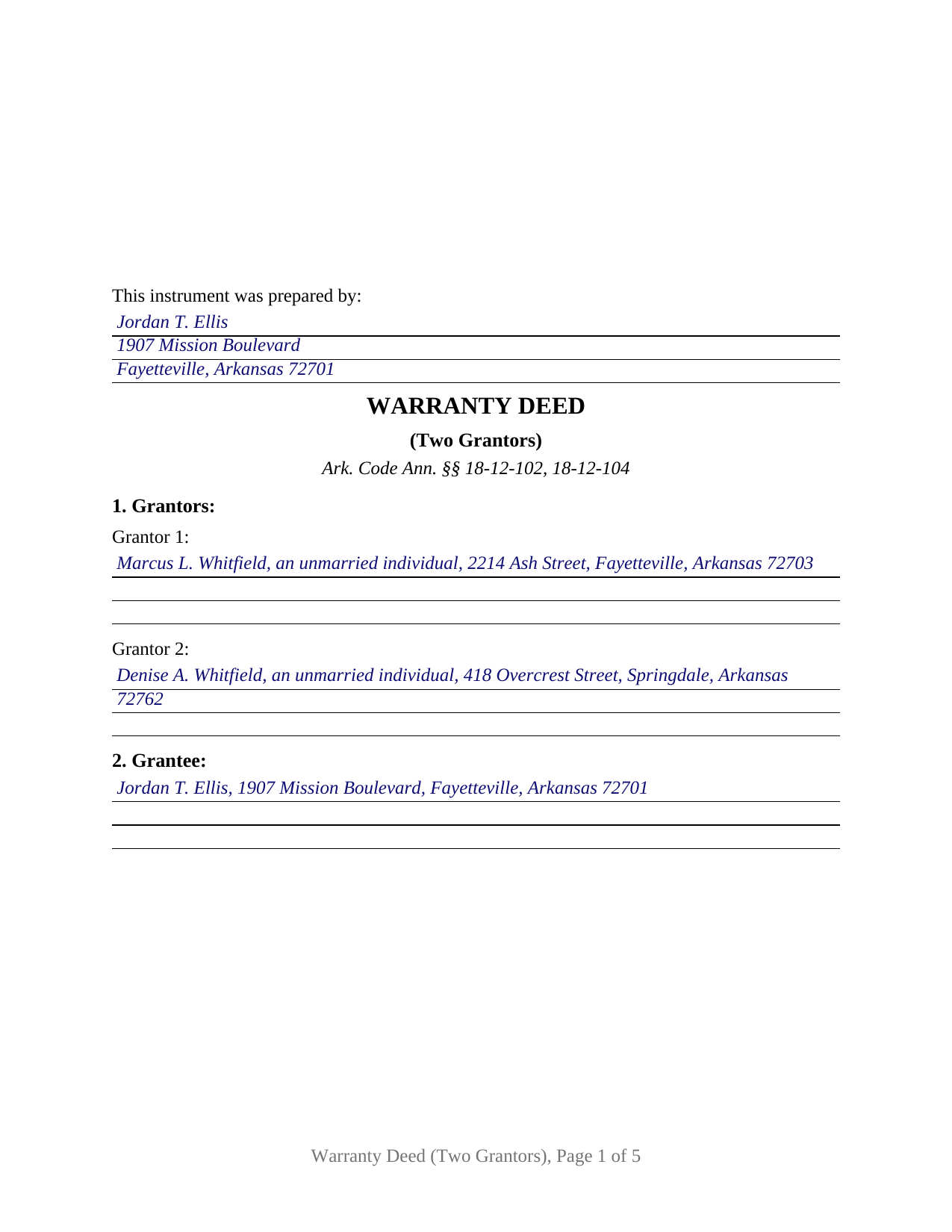 Lawrence County Completed Example of the Warranty Deed (Two Grantors) Document