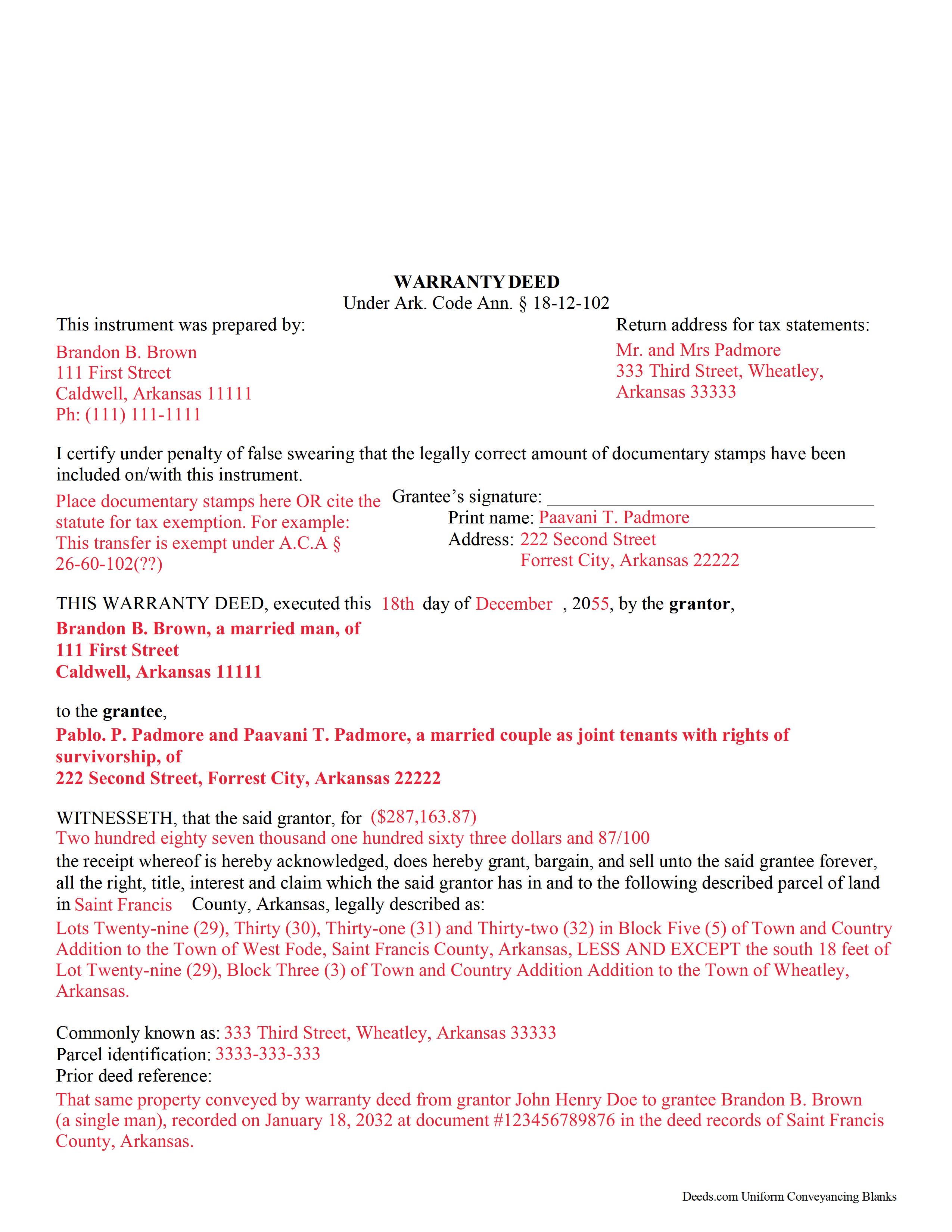Benton County Completed Example of the Warranty Deed Document