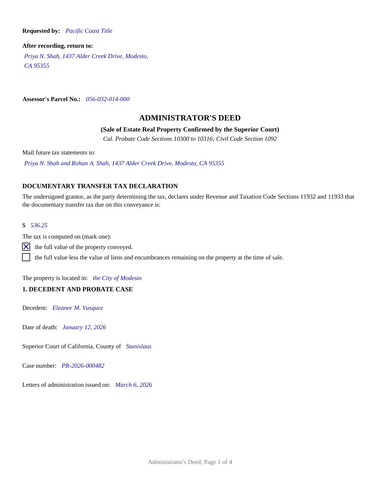 Del Norte County Completed Example of the Administrator Deed Document