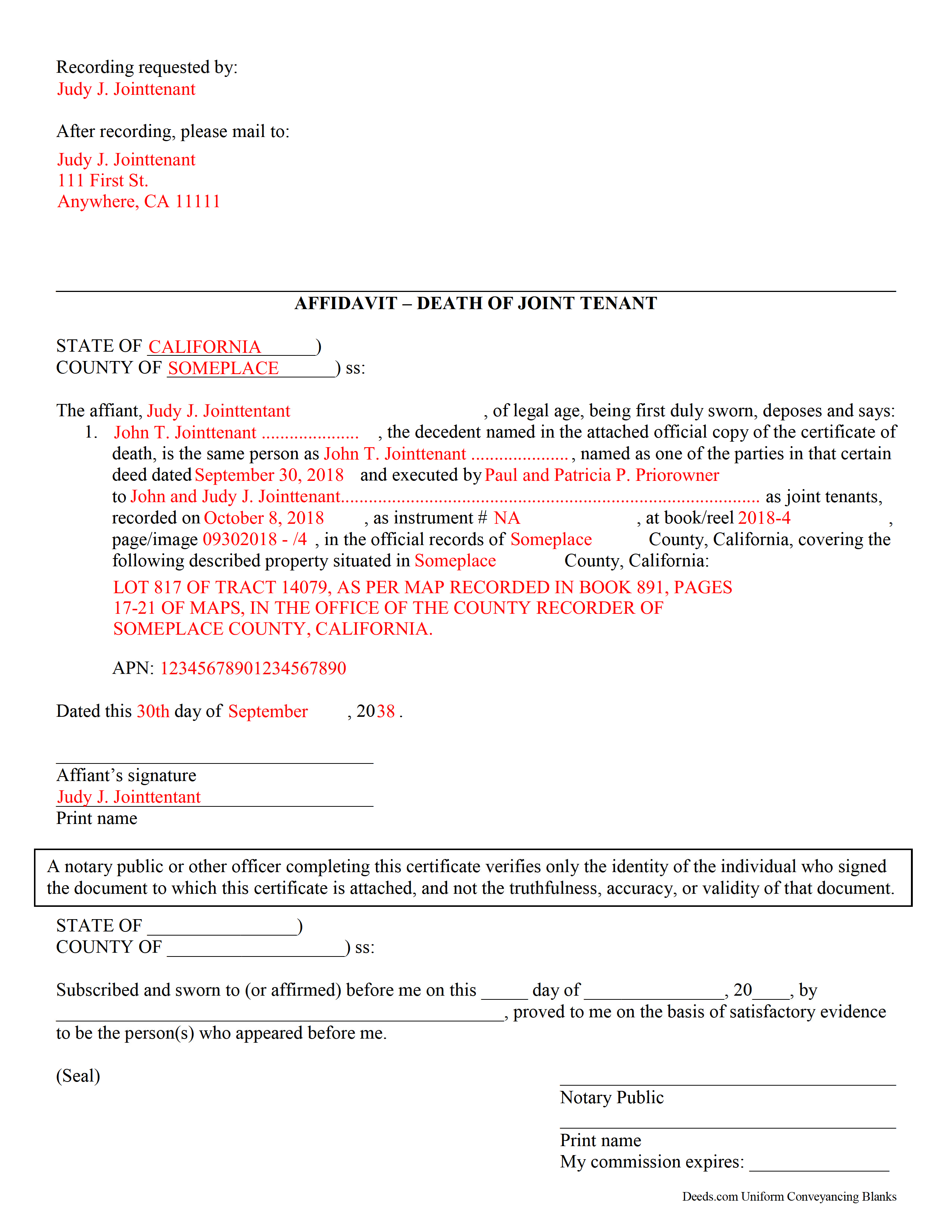 Completed Example of a Affidavit of Death of Joint Tenant Document