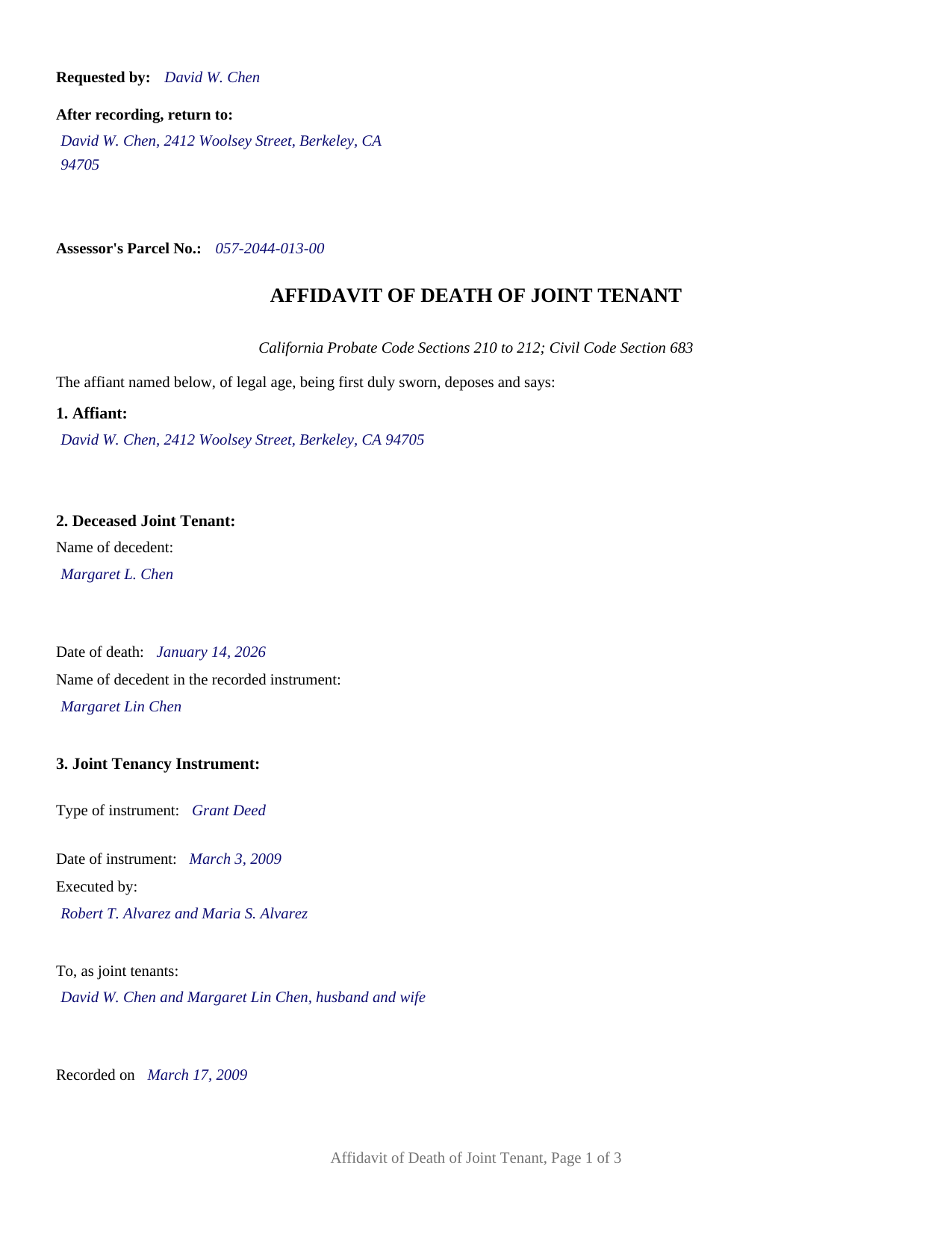 Alpine County Completed Example of the Affidavit of Death of Joint Tenant Document