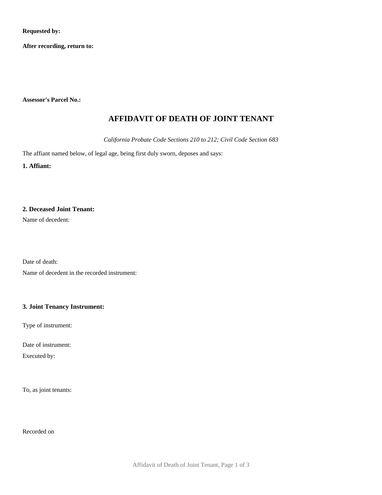 Alpine County Affidavit of Death of Joint Tenant Form