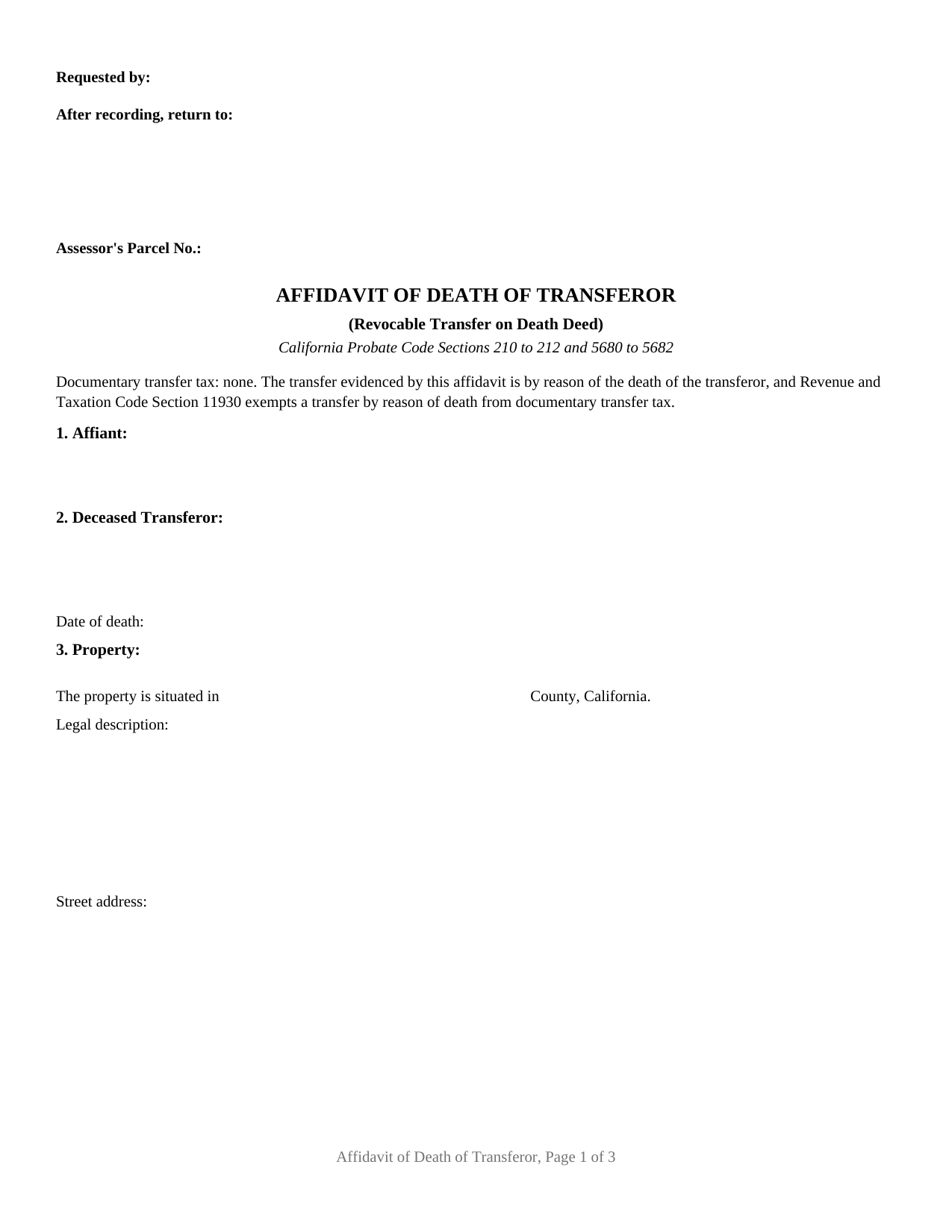 Sutter County Affidavit of Death of Transferor Form