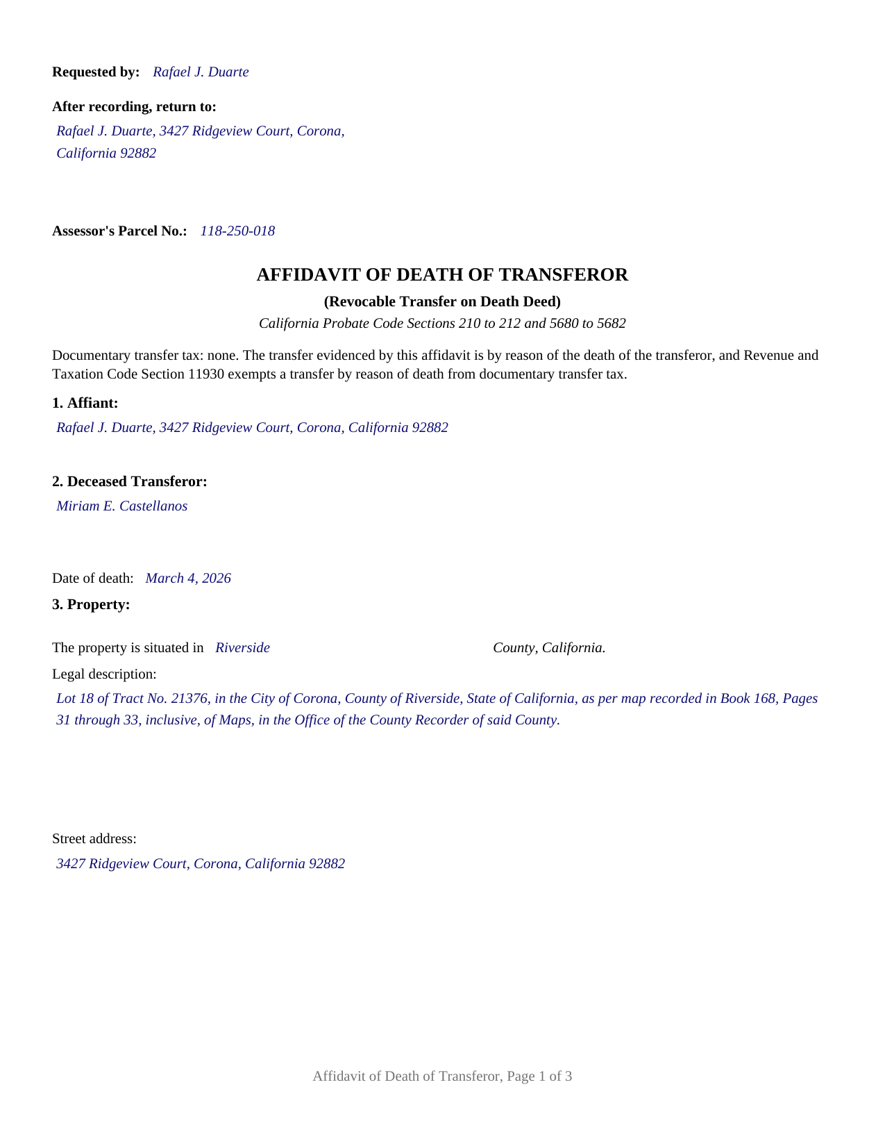 Sutter County Completed Example of the Affidavit of Death of Transferor Document