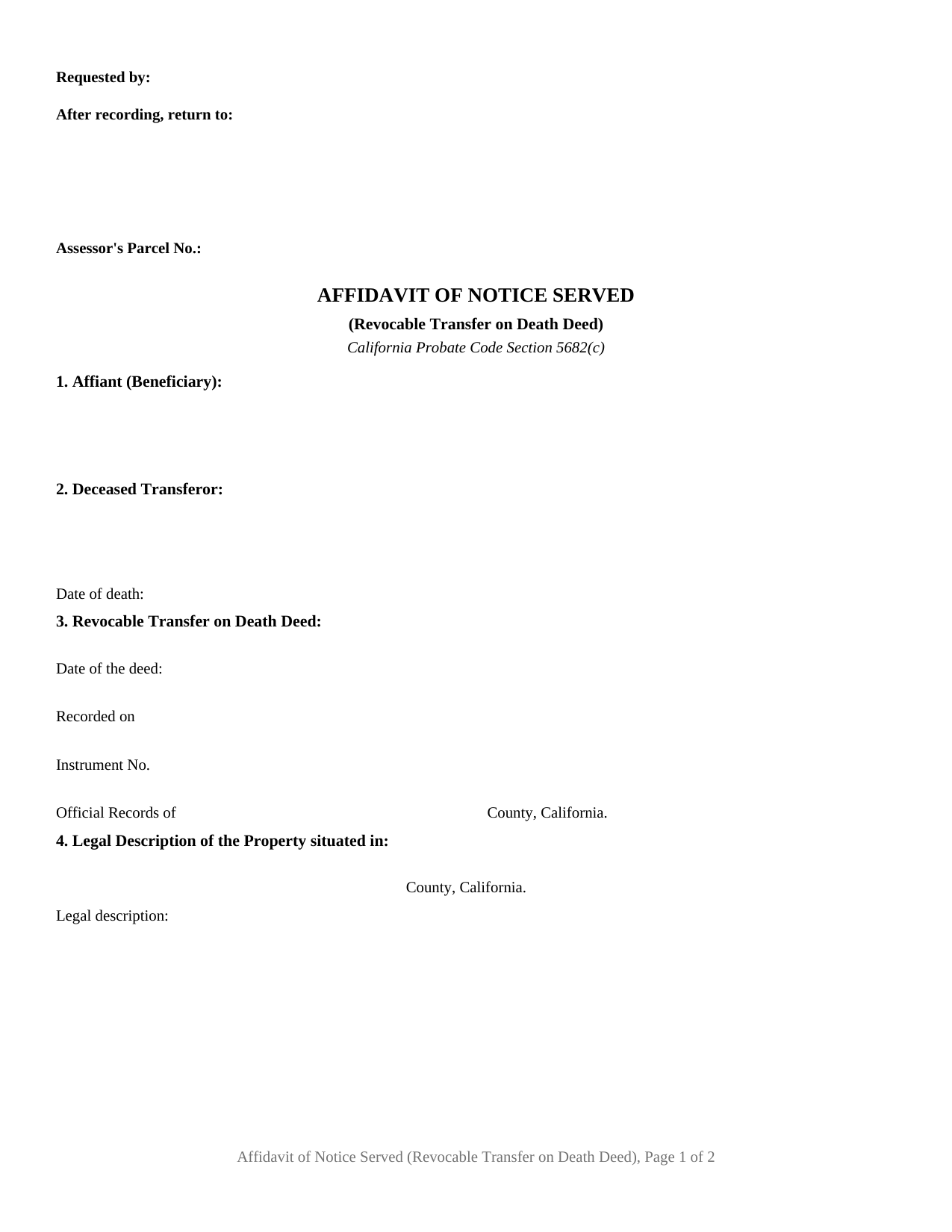 Trinity County Affidavit of Notice Served (Revocable Transfer on Death Deed) Form