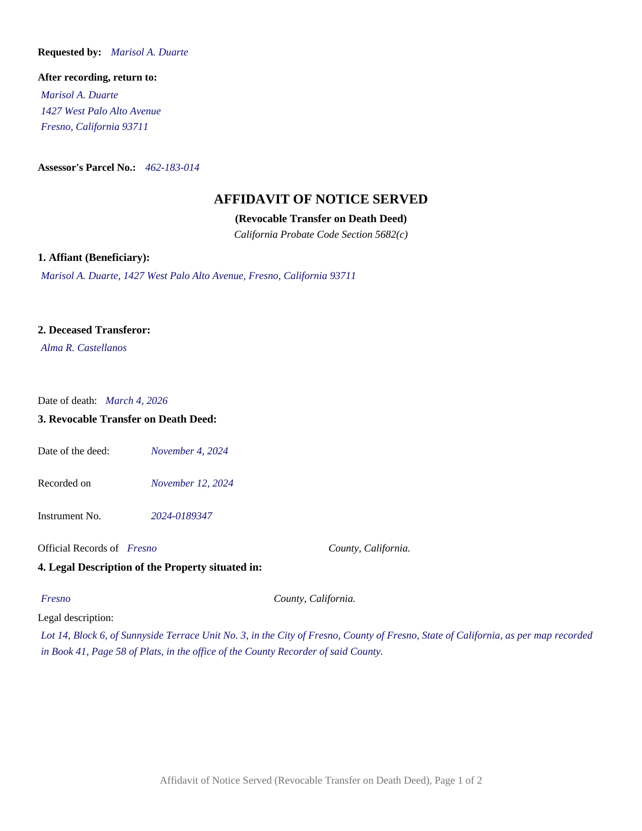Trinity County Completed Example of the Affidavit of Notice Served (Revocable Transfer on Death Deed) Document