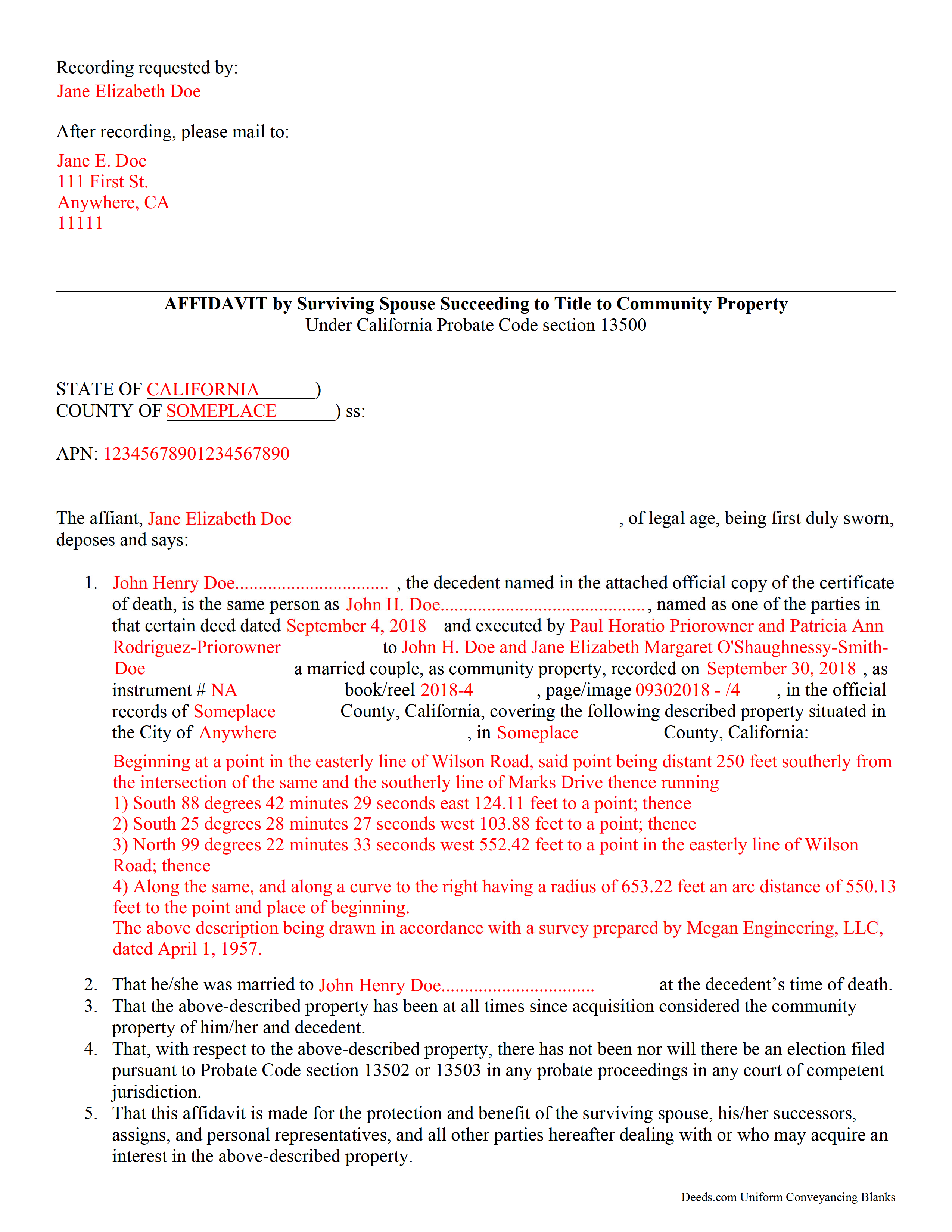 Completed Example of the Affidavit of Surviving Spouse Document