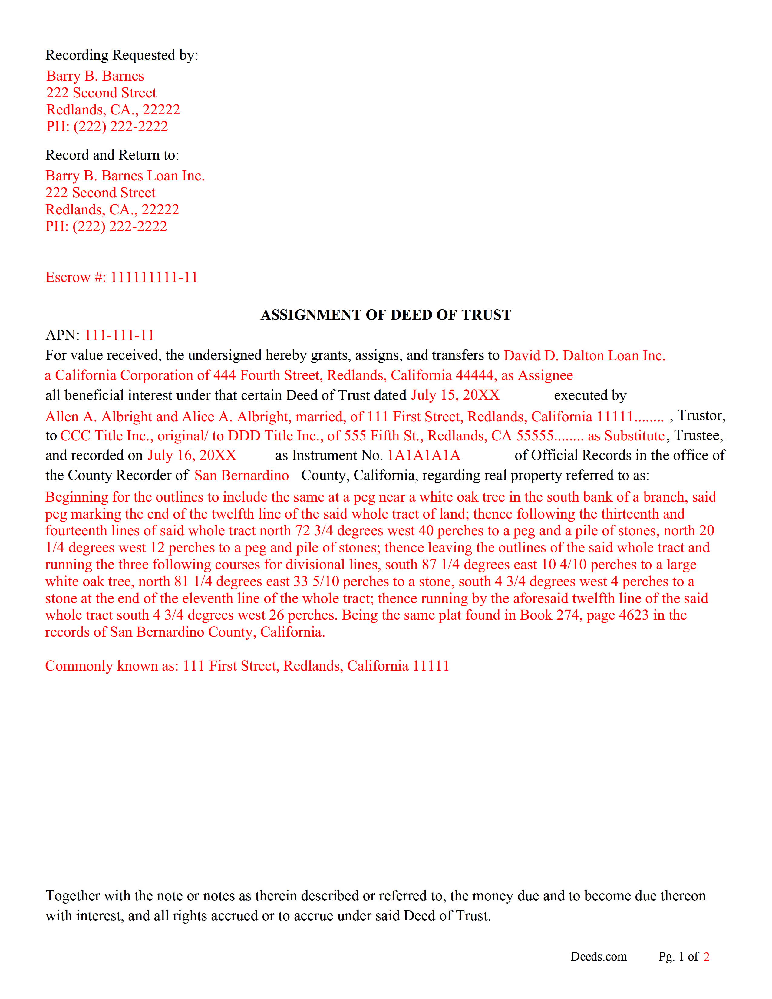 Completed Example of the Assignment of Deed of Trust Document