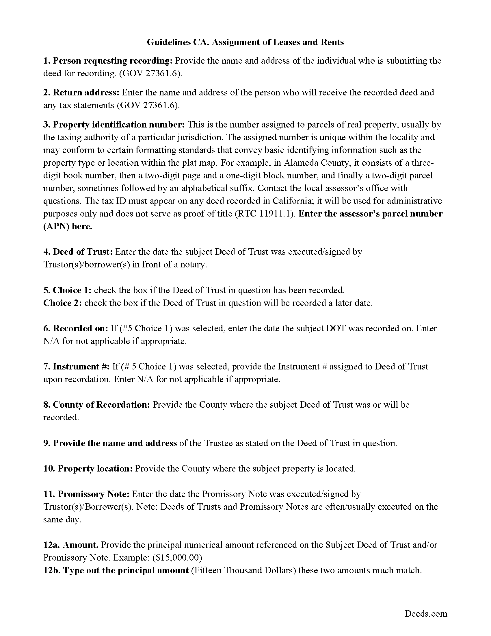 Lassen County Assignment of Leases and Rents Guidelines
