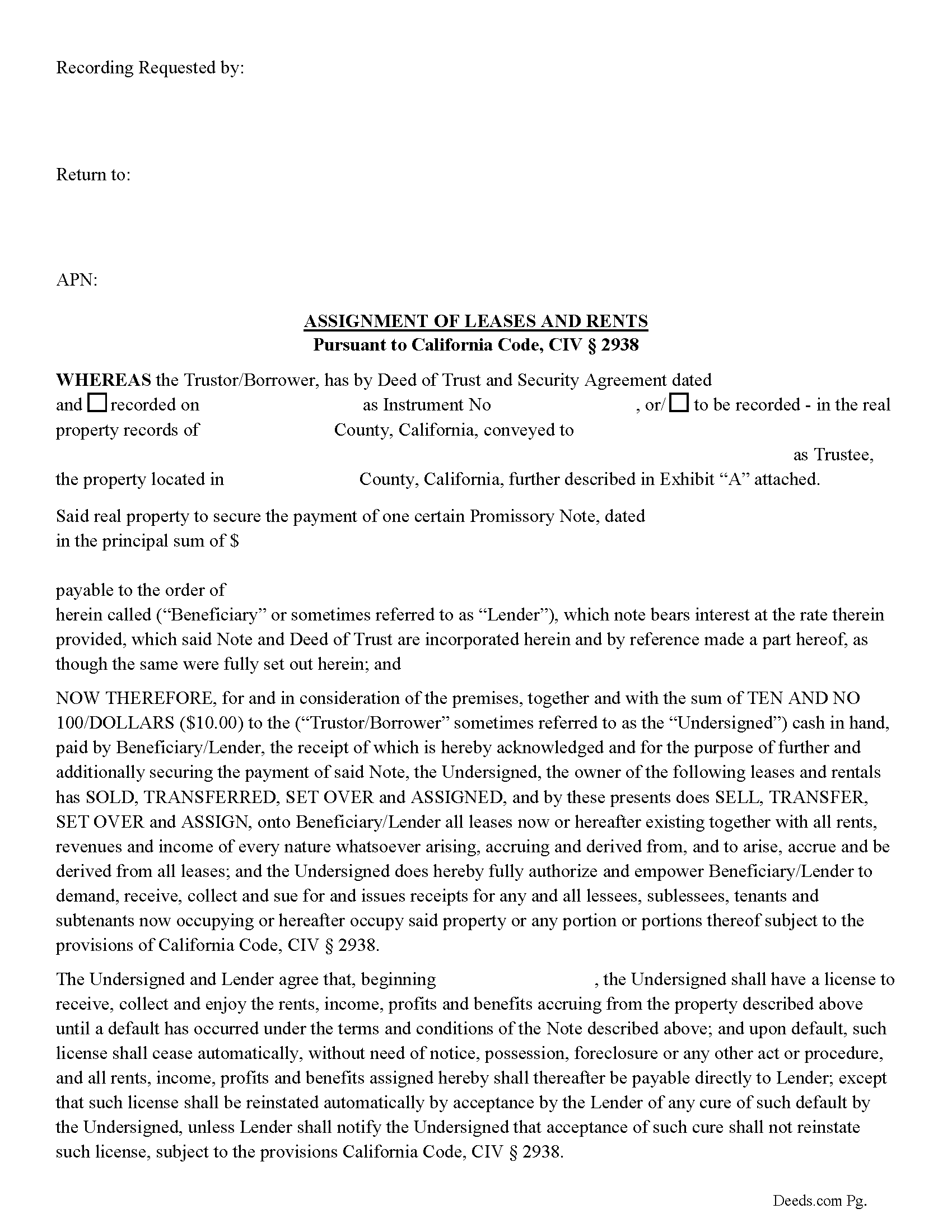 Lassen County Assignment of Leases and Rents Form